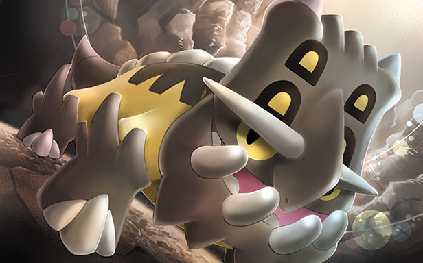 himeno kagemaru, bastiodon, nintendo, pokemon, pokemon tcg, official art, third-party source, animal focus, gen 4 pokemon, lens flare, no humans, nostrils, open mouth, pokemon (creature), pokemon focus, solo, teeth