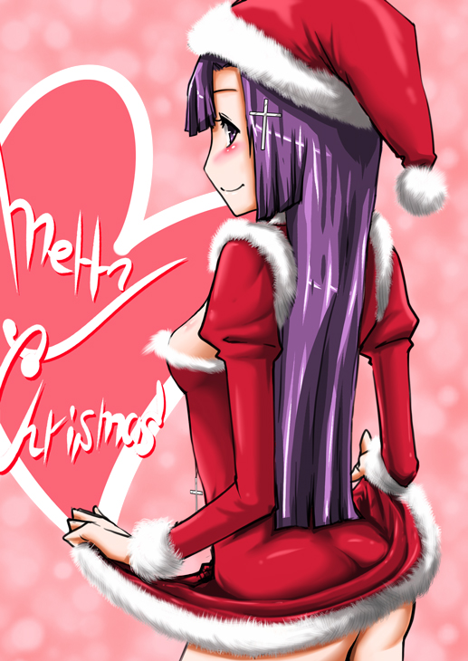 utauinu, zange, kannagi, bad id, bad pixiv id, 00s, 1girl, ass, blush, bottomless, breasts, christmas, cross, female focus, hat, heart, long hair, looking back, medium breasts, purple eyes, purple hair, santa costume, smile, solo