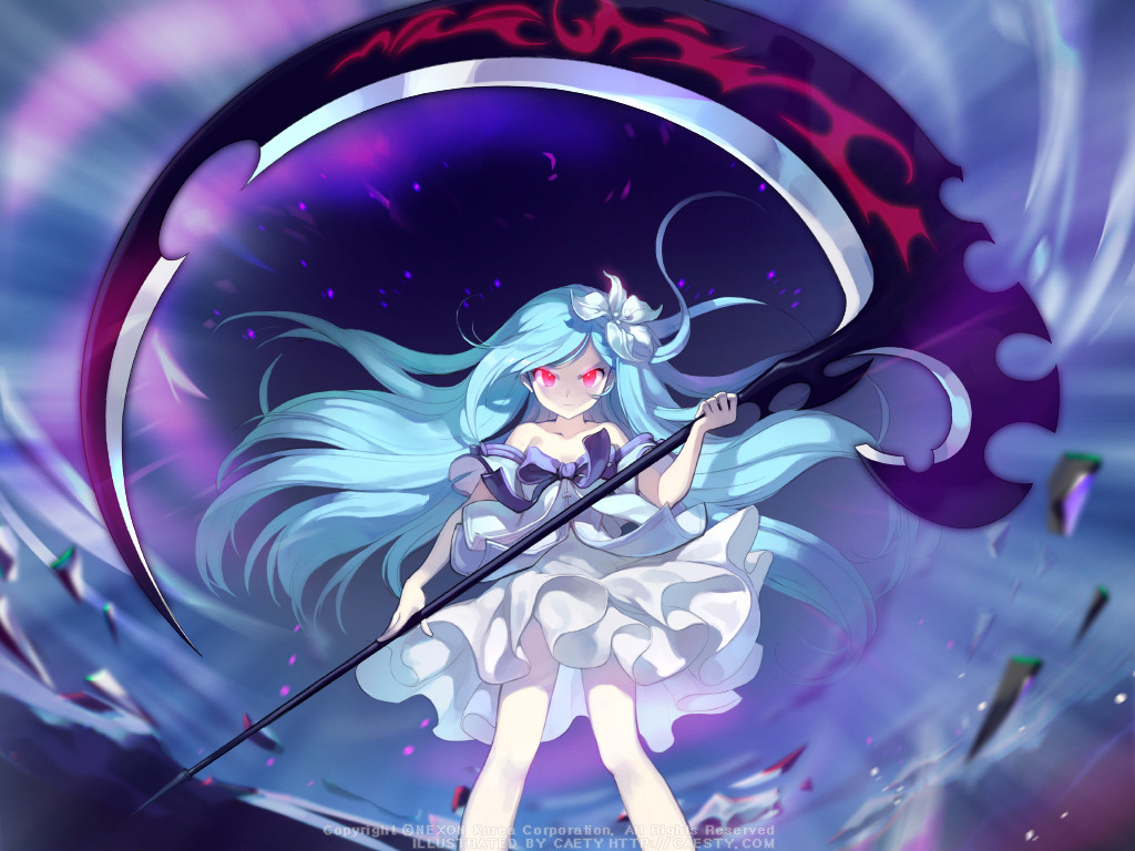caesty, benya (tales weaver), nexon, tales weaver, commentary, english commentary, official art, 1girl, aqua hair, aqua jacket, aqua shirt, aqua sleeves, artist name, asymmetrical bangs, bare shoulders, blue bow, blurry, bow, company name, copyright notice, depth of field, dress, facing viewer, feet out of frame, floating hair, flower, frilled dress, frills, glowing, glowing eyes, hair flower, hair ornament, holding, holding scythe, huge weapon, impasto, jacket, legs apart, light frown, light particles, long hair, motion blur, motion lines, night, night sky, off-shoulder shirt, off shoulder, pale skin, pigeon-toed, purple sky, red eyes, scythe, shirt, shirt bow, short dress, short sleeves, sky, solo, speed lines, standing, strapless, strapless shirt, swept bangs, v-shaped eyebrows, very long hair, watermark, weapon, white flower, zoom layer