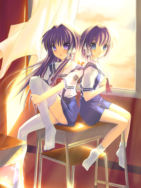 mycstea, fujibayashi kyou, fujibayashi ryou, clannad, 00s, 2girls, backlighting, blue eyes, bobby socks, bow, cloud, curtains, desk, floating curtains, hair ribbon, long hair, multiple girls, purple eyes, purple hair, ribbon, school uniform, short hair, siblings, sisters, sitting, sky, socks, thighhighs, twins, white socks, wind, window