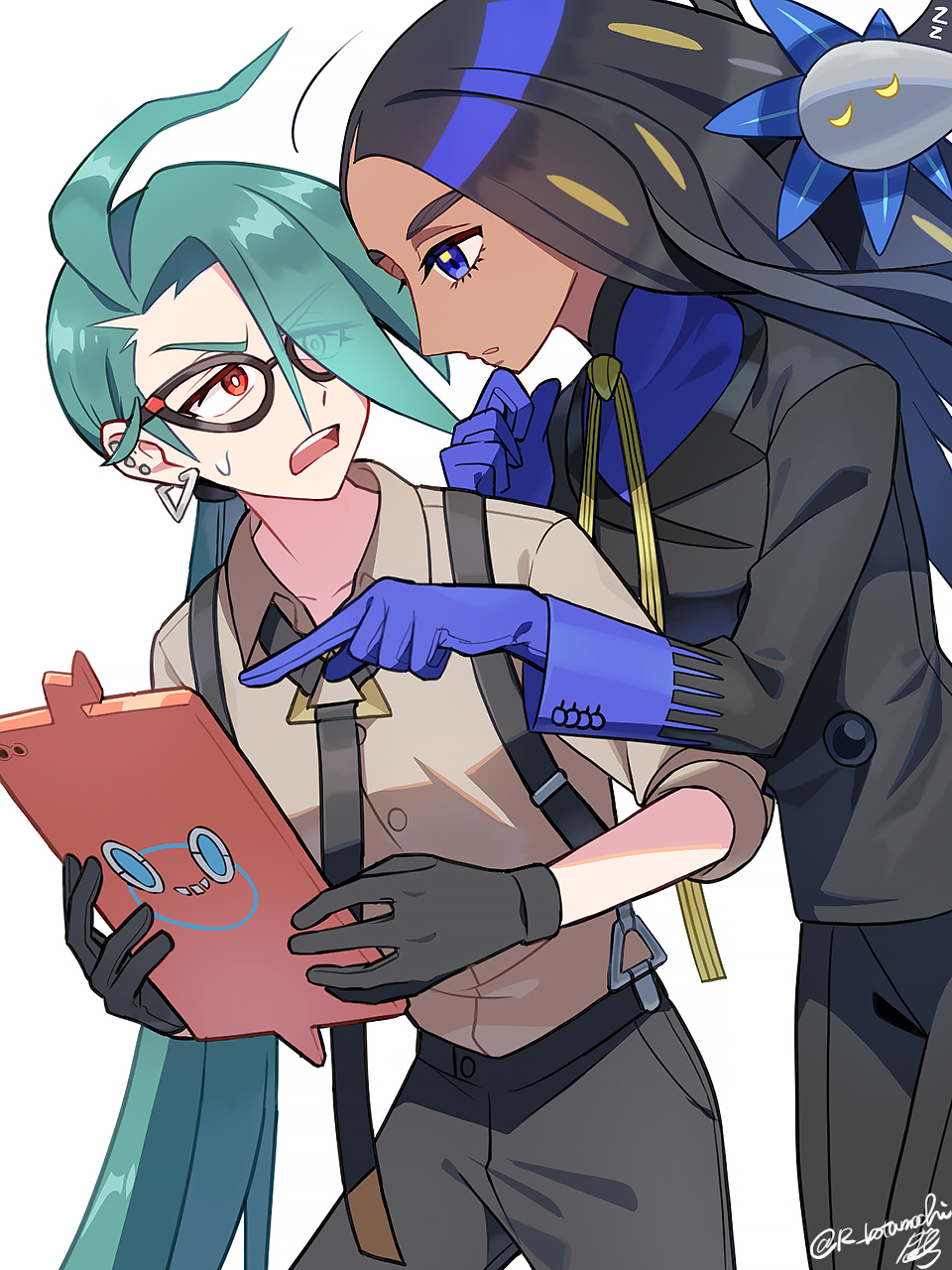 botamochi (exwelder), geeta (pokemon), glimmet, rika (pokemon), rotom, rotom phone, nintendo, pokemon, pokemon sv, highres, 2girls, ahoge, androgynous, black gloves, black hair, black jacket, black necktie, black pants, blue eyes, blue gloves, blue shirt, bright pupils, brown shirt, cat eye-framed eyewear, collared shirt, dark-skinned female, dark skin, earrings, gen 4 pokemon, gloves, green hair, jacket, jewelry, long hair, long sleeves, looking at another, multiple girls, neck ribbon, necktie, open mouth, pants, pokemon (creature), ponytail, red eyes, reverse trap, ribbon, shirt, simple background, standing, suspenders, sweatdrop, triangle earrings, upper body, white background, white pupils, yellow ribbon