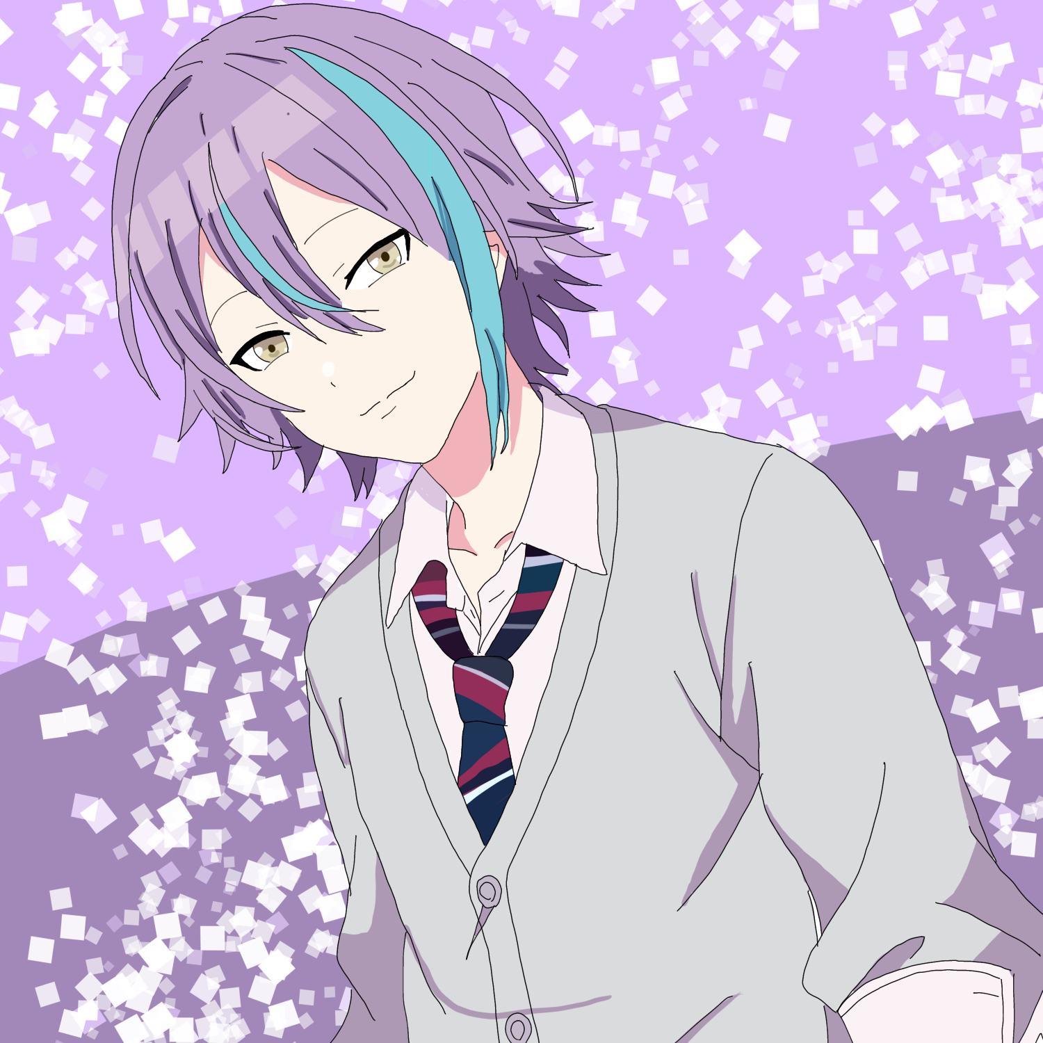 kamishiro rui, project sekai, commentary, highres, 1boy, cardigan, closed mouth, collared shirt, grey cardigan, hair between eyes, kamiyama high school uniform (project sekai), long sleeves, looking at viewer, multicolored hair, multicolored necktie, necktie, purple background, purple hair, school uniform, shirt, short hair, smile, streaked hair, two-tone hair, user jghy5322, yellow eyes