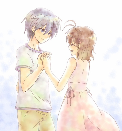 ryou (pixiv247657), suzumi (fallxalice), furukawa nagisa, okazaki tomoya, clannad, bad id, bad pixiv id, 00s, 1boy, 1girl, antenna hair, casual, cowboy shot, dress, hetero, holding hands, husband and wife, interlocked fingers