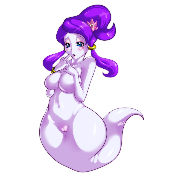 raa (sonic), sonic (series), 1girl, blue eyes, blush, bracelet, breasts, curvy, female focus, finger to mouth, flower, ghost, ghost tail, hair flower, hair ornament, heart, jewelry, large breasts, long hair, monster girl, nude, pointing, purple hair, pussy, solo, twintails, uncensored, wide hips