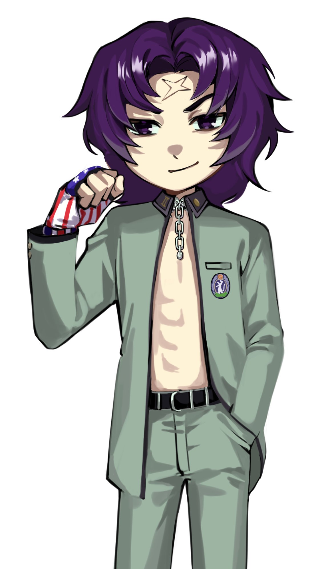 kido reiji, persona, persona 1, commentary, commentary request, english commentary, highres, korean commentary, mixed-language commentary, second-party source, 1boy, american flag, american flag print, clenched hand, closed mouth, fingerless gloves, flag print, gloves, green jacket, green pants, hand in pocket, hand up, jacket, kkkp010101, long sleeves, looking at viewer, male focus, medium hair, open clothes, open jacket, pants, print gloves, purple eyes, purple hair, scar, scar on face, school uniform, simple background, smile, solo, st. hermelin school uniform, standing, white background