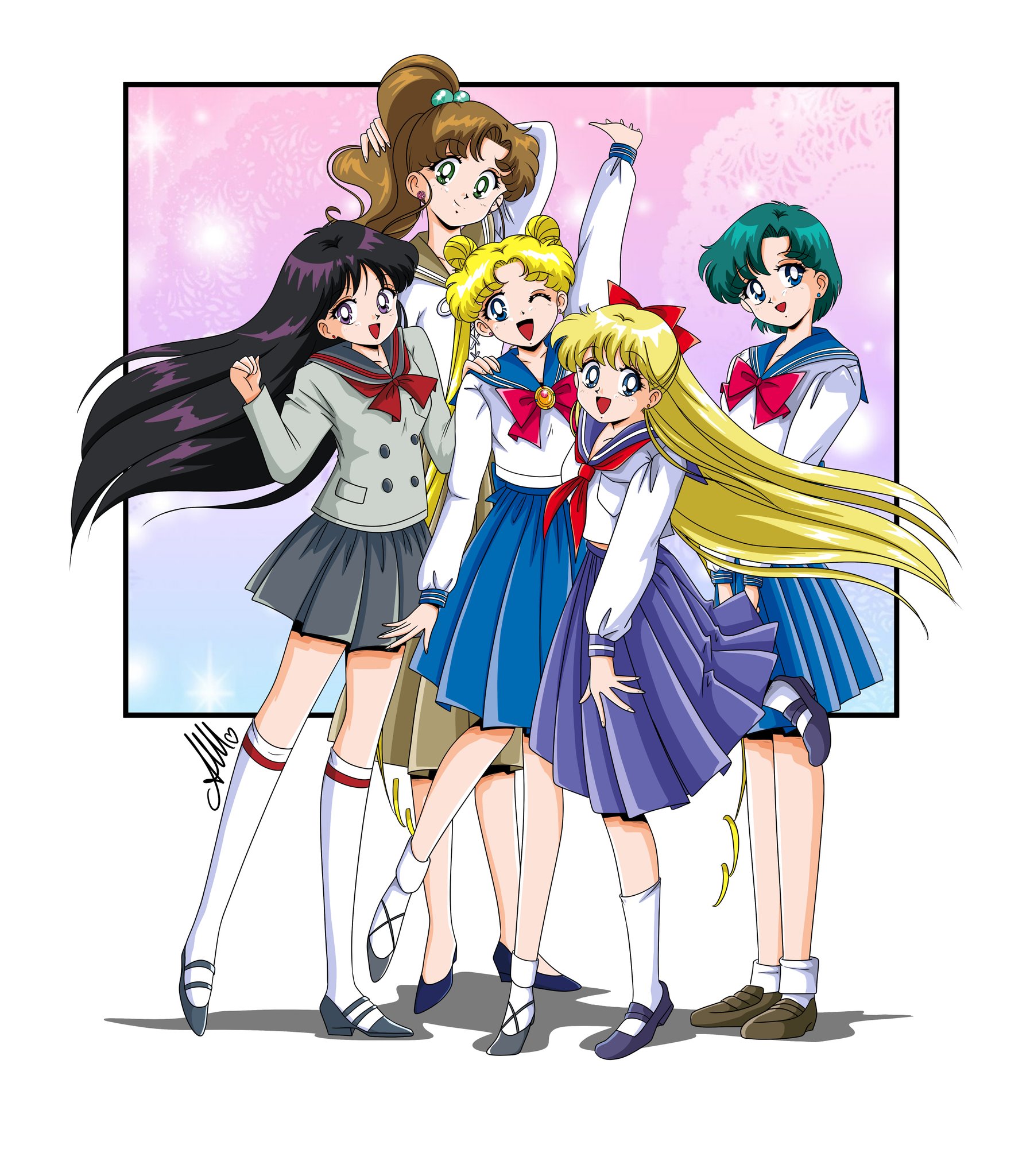 anello81, aino minako, hino rei, kino makoto, mizuno ami, tsukino usagi, bishoujo senshi sailor moon, highres, 5girls, black hair, blonde hair, blue eyes, blue hair, blue sailor collar, blue skirt, bow, bowtie, brown hair, brown sailor collar, brown skirt, double bun, earrings, flower earrings, green eyes, grey sailor collar, grey shirt, grey skirt, hair bobbles, hair bun, hair ornament, jewelry, kneehighs, loafers, long hair, long skirt, looking at viewer, medium hair, medium skirt, miniskirt, multiple girls, neckerchief, parted bangs, purple eyes, red bow, red bowtie, red neckerchief, sailor collar, school uniform, serafuku, shirt, shoes, skirt, smile, socks, swept bangs, twintails, very long hair, white shirt