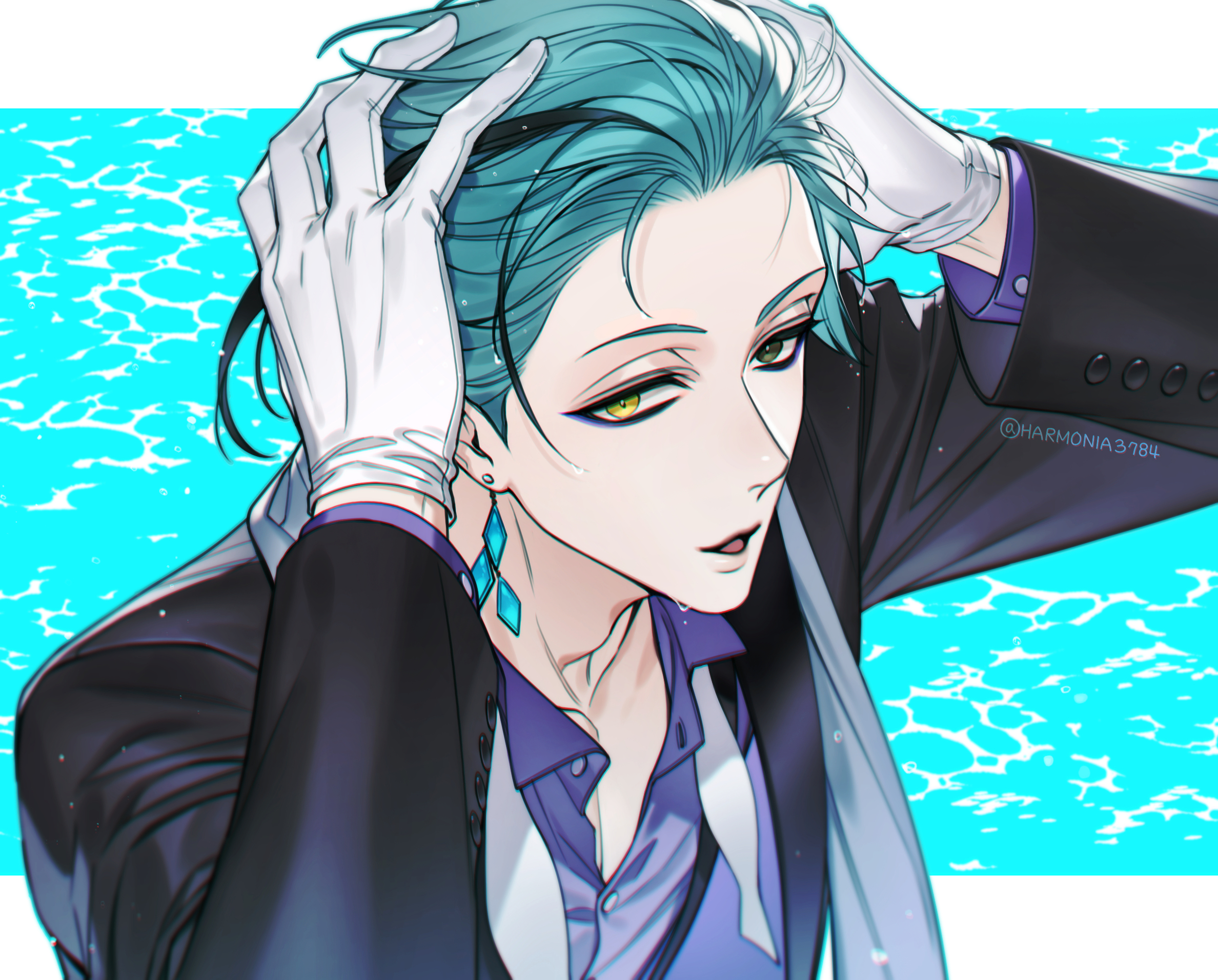 amandasu, floyd leech, twisted wonderland, commentary, highres, symbol-only commentary, 1boy, adam's apple, black eyes, blue eyeliner, blue hair, collared shirt, earrings, eyeliner, formal clothes, gloves, jacket, jewelry, looking at viewer, makeup, male focus, purple shirt, shirt, short hair, solo, suit, suit jacket, twitter username, upper body, wet, wet clothes, wet hair, white gloves, yellow eyes