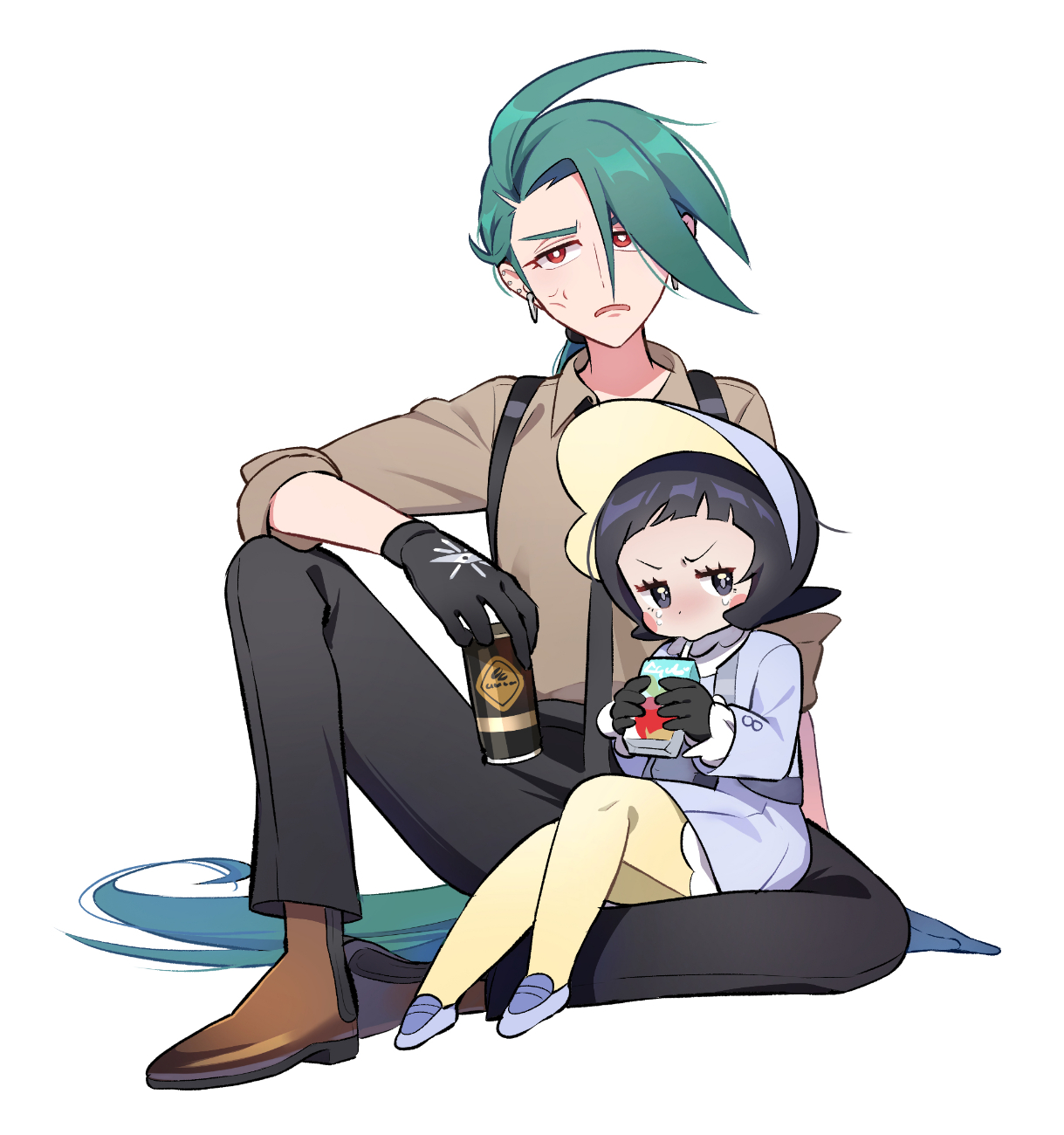 botamochi (exwelder), poppy (pokemon), rika (pokemon), nintendo, pokemon, pokemon sv, highres, 2girls, ahoge, androgynous, anger vein, beer can, black gloves, black hair, black necktie, black pants, blush stickers, bright pupils, brown shirt, brown shoes, can, collared shirt, dress, drink can, earrings, full body, gloves, green hair, grey bonnet, grey dress, grey pupils, grey shoes, jewelry, juice box, long hair, long sleeves, looking at viewer, multiple girls, necktie, open mouth, pants, pantyhose, ponytail, purple shoes, red eyes, reverse trap, shirt, shoes, short hair, simple background, sitting, suspenders, tearing up, white background, white pupils, yellow pantyhose