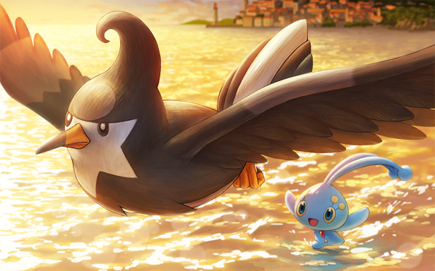 rend, manaphy, staravia, nintendo, pokemon, pokemon tcg, official art, third-party source, bird, blue eyes, closed mouth, colored sclera, flying, gen 4 pokemon, legendary pokemon, mythical pokemon, no humans, open mouth, pokemon (creature), pokemon focus, running, smile, water, yellow sclera