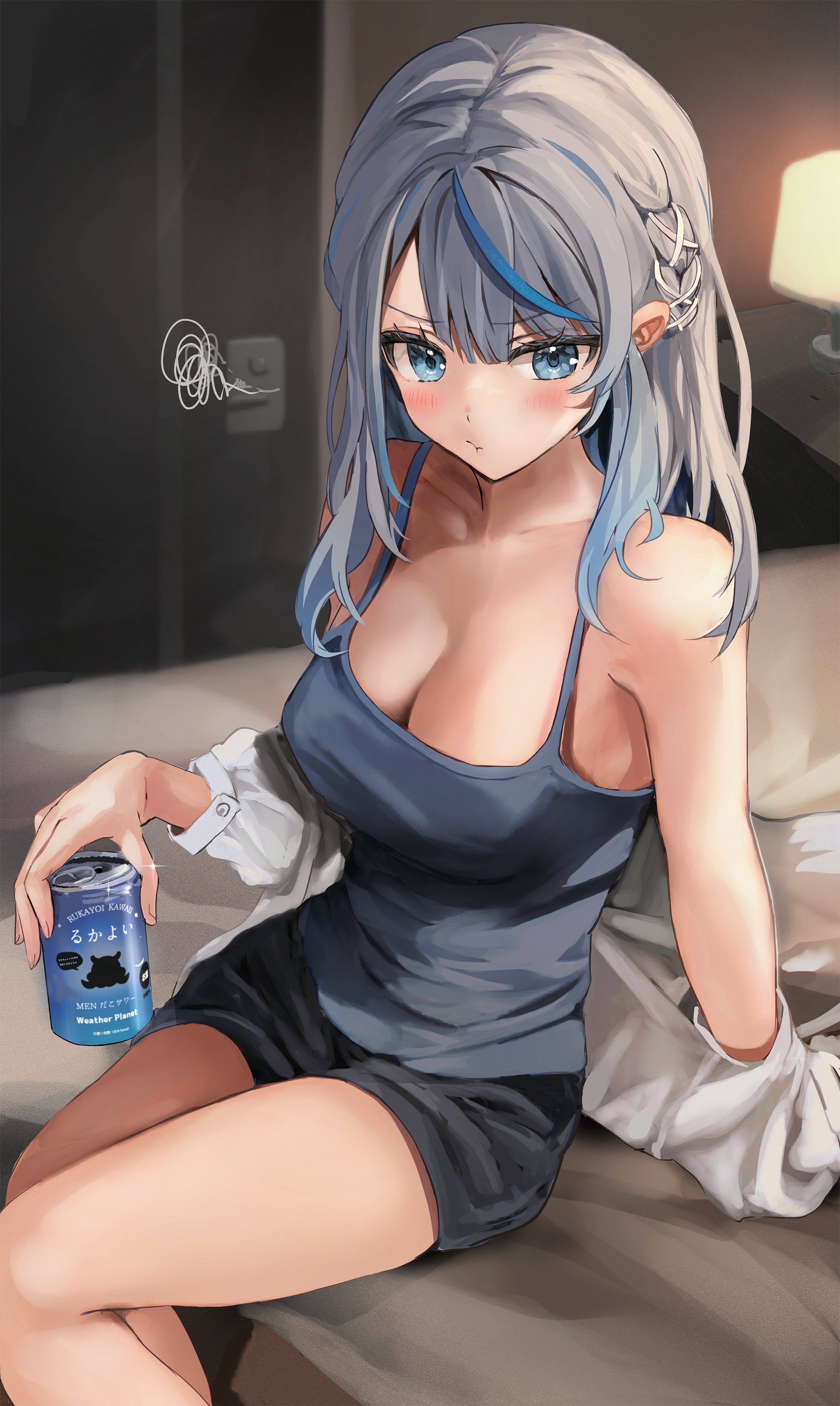 uuji, amagai ruka, weather planet, absurdres, highres, 1girl, alternate costume, black shorts, blue eyes, blue hair, blue shirt, blurry, blurry background, braid, breasts, can, cleavage, drink can, grey hair, holding, holding can, jacket, large breasts, looking at viewer, multicolored hair, off shoulder, on bed, pout, shirt, shorts, side braid, sitting, streaked hair, white jacket