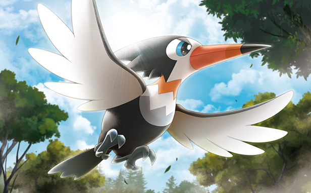 saitou kouki, trumbeak, nintendo, pokemon, pokemon tcg, official art, third-party source, animal focus, bird, blue sky, closed mouth, cloud, day, flying, full body, gen 7 pokemon, no humans, outdoors, pokemon (creature), pokemon focus, sky, solo, tree