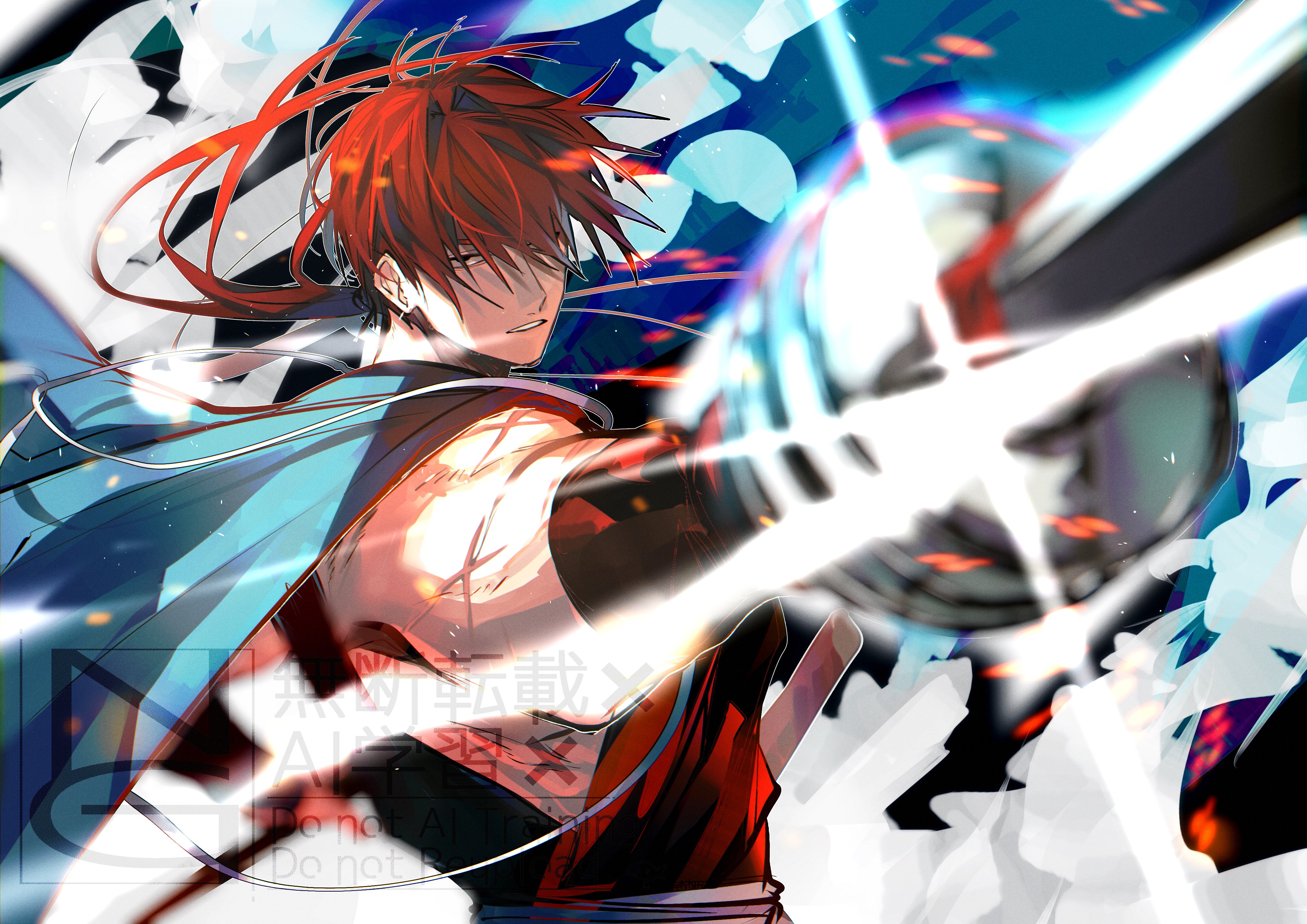 u 5ham0, fate/grand order, fate (series), absurdres, highres, 1boy, black eyes, blue haori, haori, haori on shoulders, harada sanosuke (fate), holding, holding weapon, japanese clothes, long hair, male focus, multiple scars, ponytail, red hair, scar, scar on arm, shinsengumi (fate), sleeveless, solo, weapon