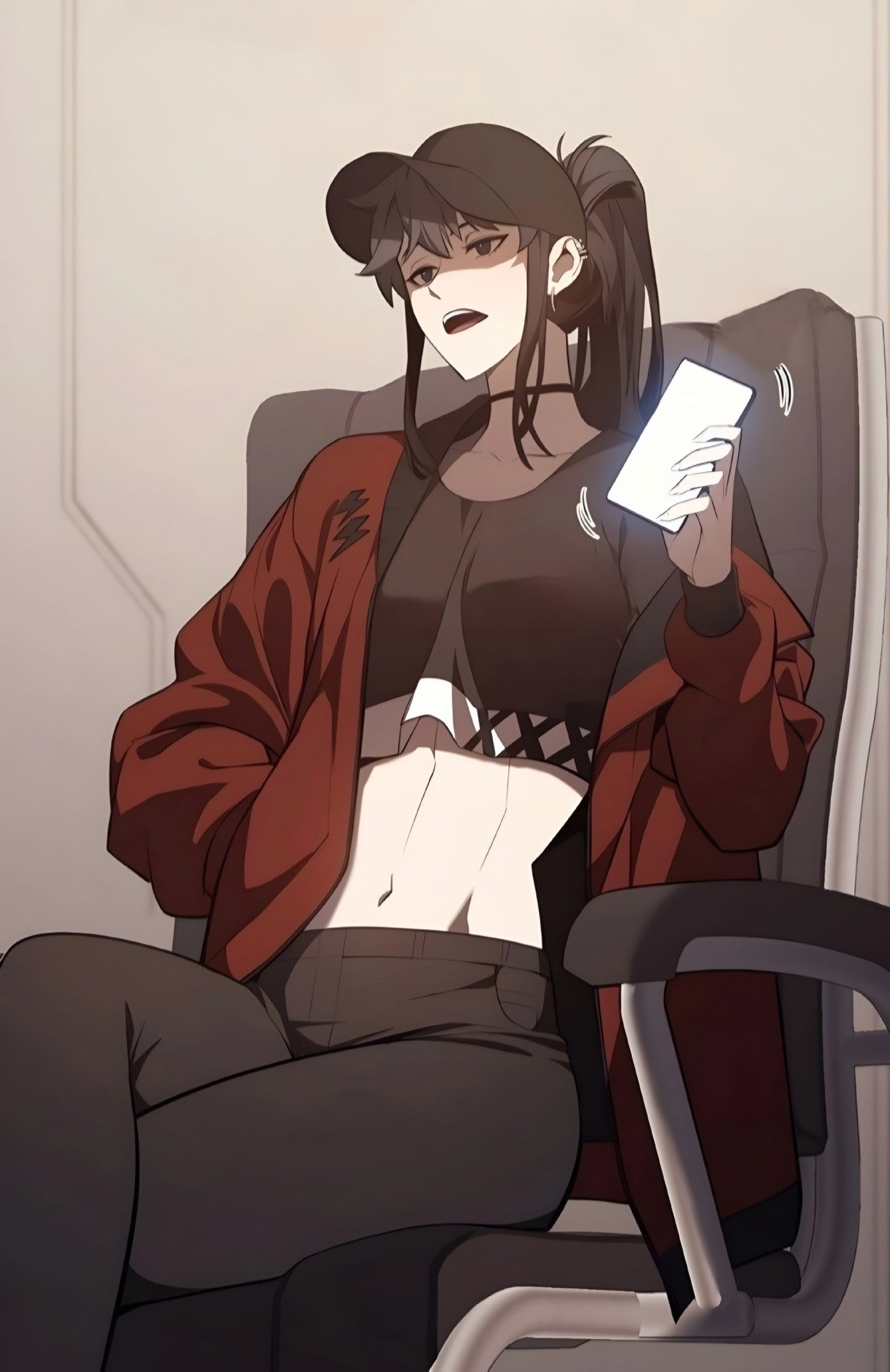 cheon yooha, the return of the disaster-class hero, highres, non-web source, 1girl, black hair, black pants, cape, cellphone, chair, crop top, crossed legs, hand in pocket, hand up, jacket, long hair, long sleeves, navel, open mouth, pants, phone, ponytail, red jacket, sitting, solo, stomach, very long hair