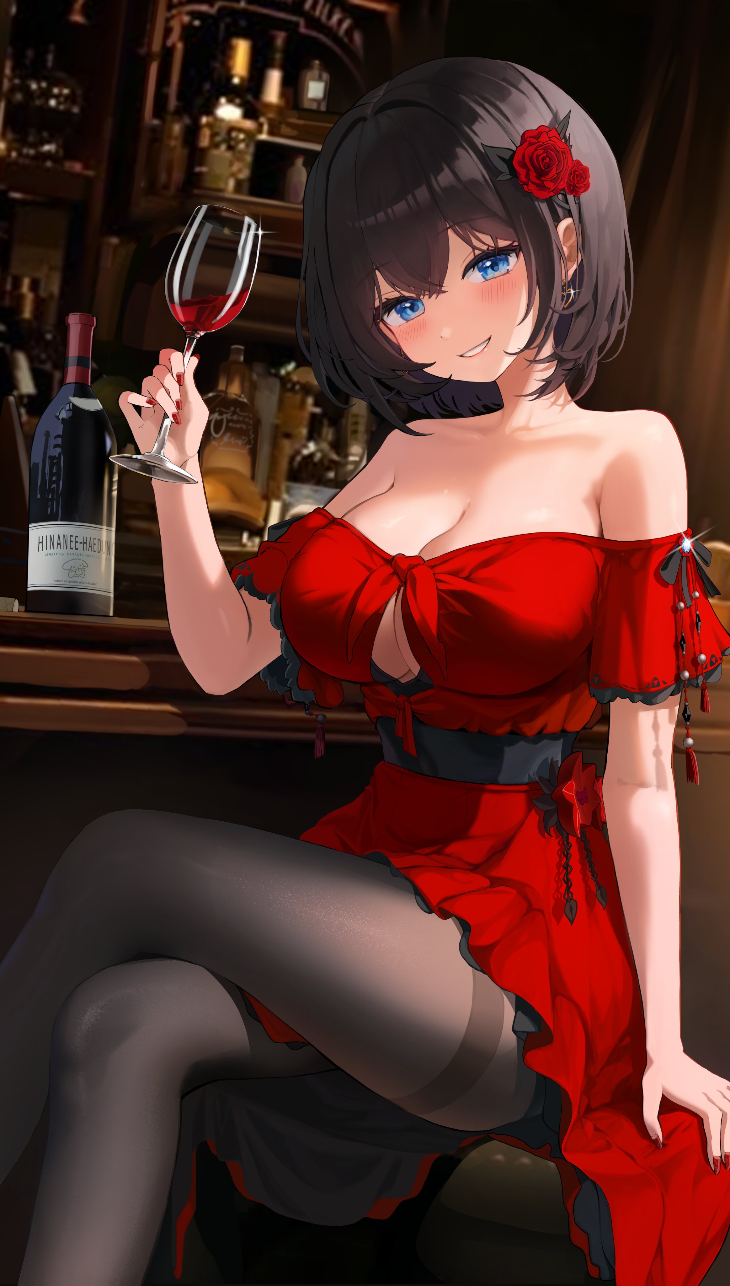 shirayuki hina, stellive, absurdres, commentary, hashtag-only commentary, highres, symbol-only commentary, 1girl, alcohol, arm support, bar (place), bare shoulders, black hair, black pantyhose, blue eyes, blush, bottle, breasts, cleavage, cleavage cutout, clothing cutout, collarbone, crossed bangs, crossed legs, cup, dongleyoung, dress, dress flower, drinking glass, earrings, flower, glint, hair between eyes, hair flower, hair ornament, hand up, head tilt, heart, heart earrings, holding, holding cup, indoors, jewelry, large breasts, looking at viewer, nail polish, off-shoulder dress, off shoulder, pantyhose, parted lips, red dress, red flower, red nails, red rose, red wine, rose, short hair, sidelocks, sitting, smile, solo, thighband pantyhose, thighs, tied dress, virtual youtuber, wine, wine bottle, wine glass