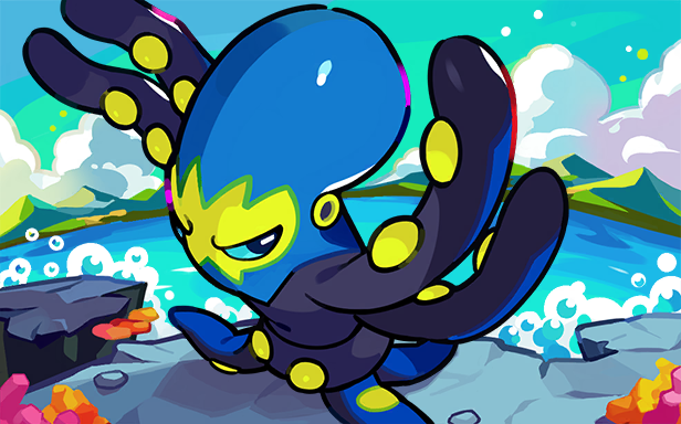 kurumitsu, grapploct, nintendo, pokemon, pokemon tcg, pokemon tcg pocket, official art, third-party source, blue sky, cloud, day, gen 8 pokemon, mountainous horizon, no humans, outdoors, pokemon (creature), pokemon focus, sky, solo, tentacles, water