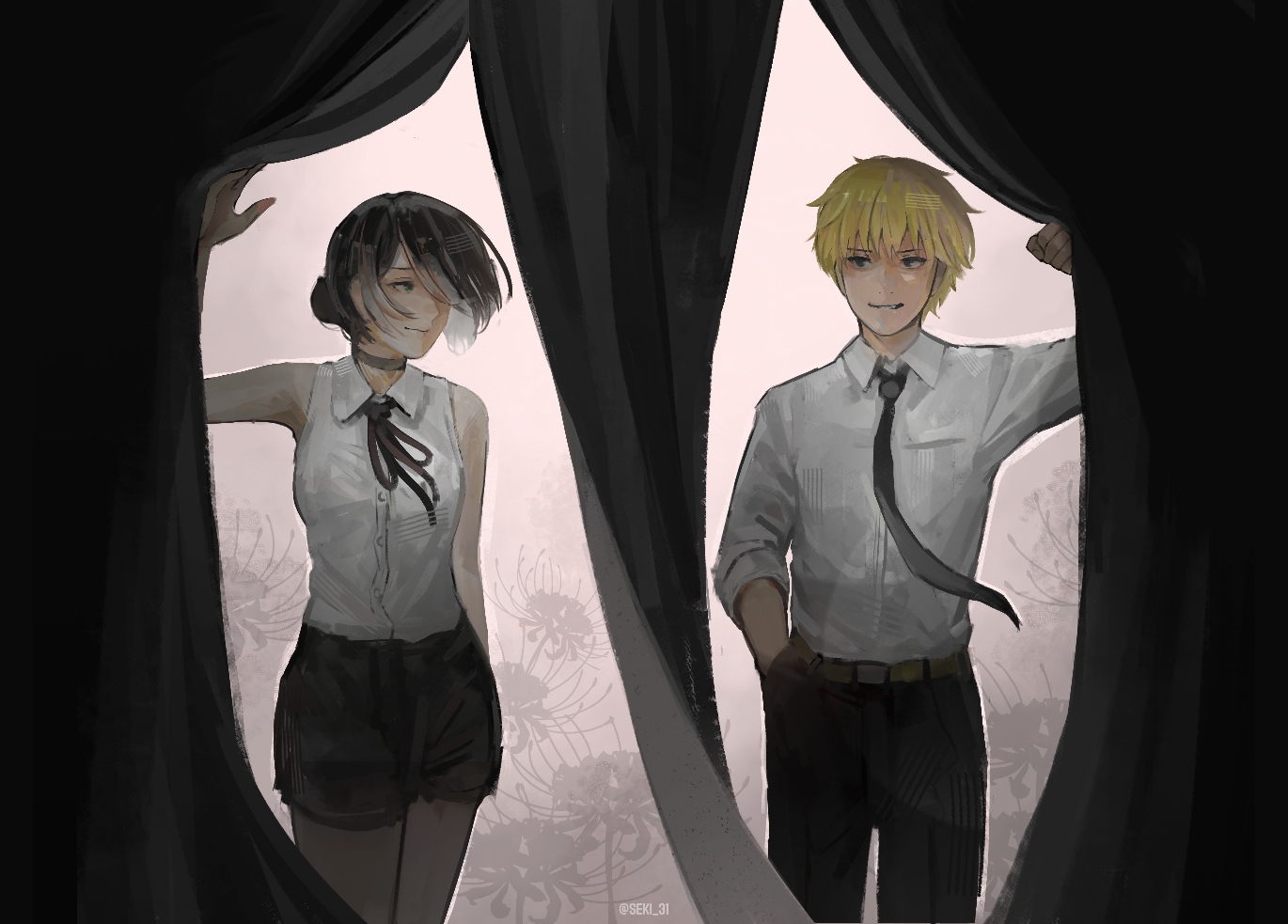 seki 31 (artist), denji (chainsaw man), reze (chainsaw man), chainsaw man, 1boy, 1girl, black hair, black necktie, black pants, black ribbon, black shorts, blonde hair, choker, closed mouth, collared shirt, curtains, green eyes, grey choker, hair bun, neck ribbon, necktie, pants, ribbon, shirt, shirt tucked in, short hair, shorts, sleeveless, sleeveless shirt, white shirt