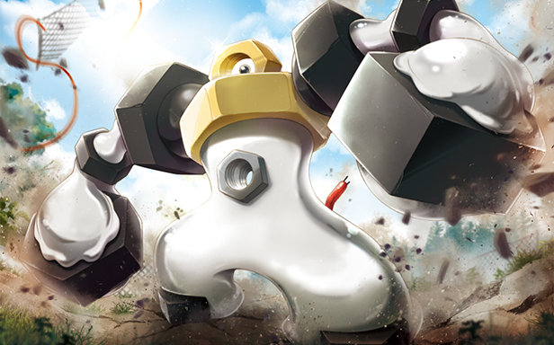 saitou kouki, melmetal, nintendo, pokemon, pokemon tcg, official art, third-party source, blue sky, cable, day, debris, full body, gen 7 pokemon, mythical pokemon, no humans, nut (hardware), one-eyed, outdoors, pokemon (creature), pokemon focus, sky, solo