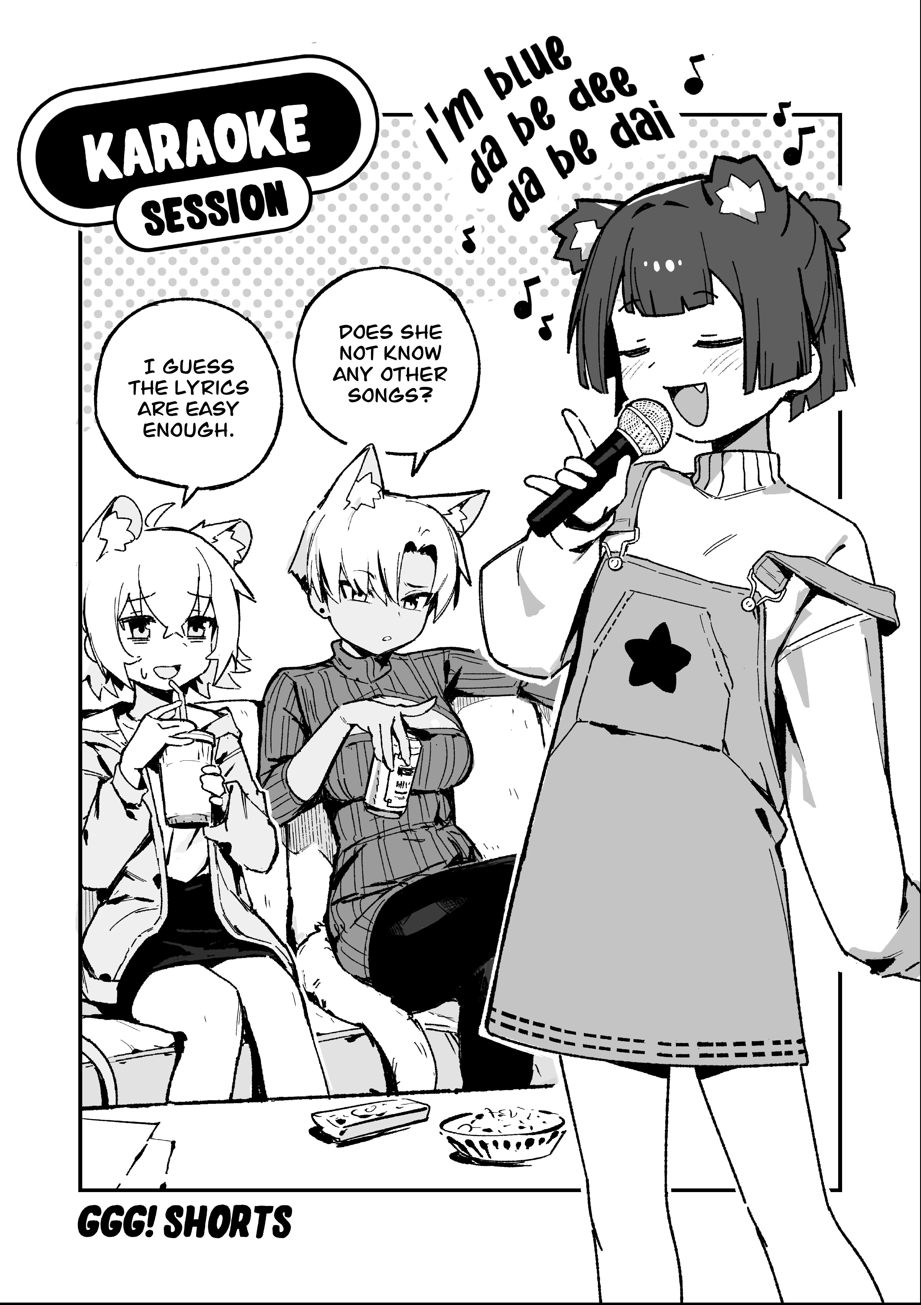 vertigris, gris (go! go! gris!), kara (go! go! gris!), perl (go! go! gris!), blue (eiffel 65), go! go! gris!, absurdres, highres, 3girls, ahoge, animal ear fluff, animal ears, asymmetrical bangs, bowl, breasts, can, cleavage cutout, closed eyes, clothing cutout, controller, couch, crossed legs, cup, disposable cup, eighth note, english text, extra ears, flat chest, greyscale, hair between eyes, holding, holding can, holding cup, holding microphone, karaoke, karaoke box, long sleeves, looking at another, lyrics, medium breasts, microphone, miniskirt, monochrome, multiple girls, music, musical note, open mouth, overalls, remote control, short hair, sidelocks, singing, sitting, skirt, smile, speech bubble, standing, sweatdrop, sweater, table, tail