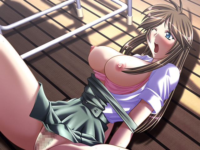 1girl, breasts, censored, classroom, female focus, floor, indoors, large breasts, lying, one eye closed, pussy, school, school uniform, solo, spread legs, wink