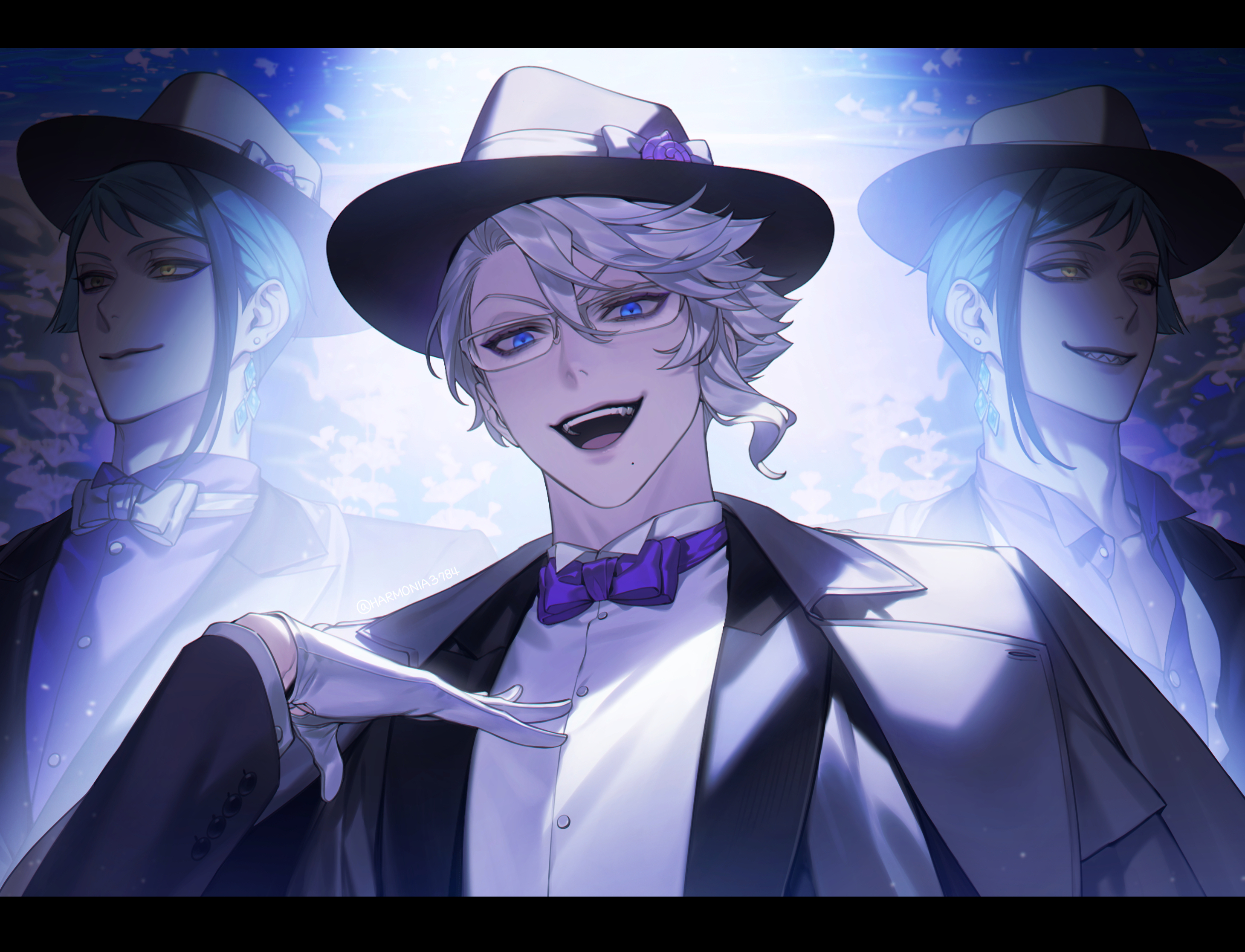 amandasu, azul ashengrotto, floyd leech, jade leech, twisted wonderland, commentary request, highres, 3boys, blue eyes, blue hair, bow, bowtie, brothers, buttons, closed mouth, gloves, heterochromia, jacket, letterboxed, male focus, mole, mole under mouth, multicolored hair, multiple boys, purple bow, purple bowtie, purple shirt, sharp teeth, shirt, short hair, siblings, smile, streaked hair, suit jacket, teeth, tongue, twins, upper body, upper teeth only, white gloves, white hair, white shirt, yellow eyes