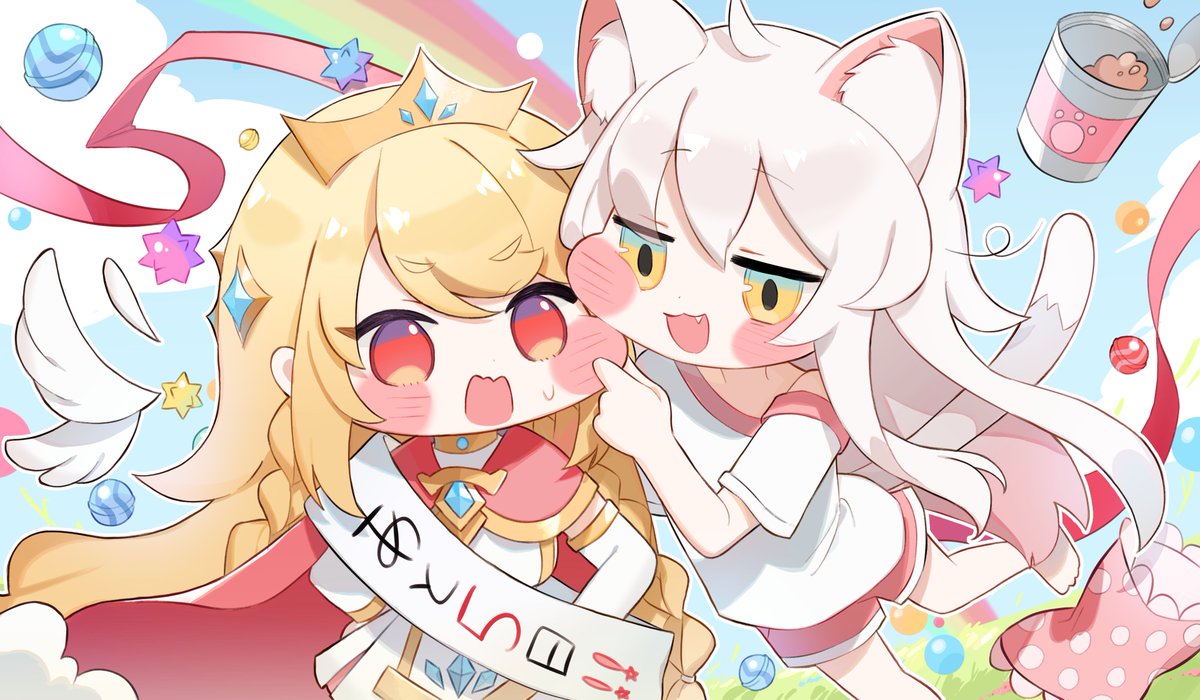 chibirisu, erpin (trickcal), kommy (trickcal), trickcal, promotional art, second-party source, 2girls, :d, ahoge, animal ear fluff, animal ears, barefoot, blonde hair, blush stickers, braid, can, candy, canned food, cape, cat ears, cat girl, cat tail, countdown illustration, detached wings, dress, elbow gloves, fang, feathered wings, food, gloves, gold tiara, jewelry, long hair, looking at another, multiple girls, open mouth, pillow, pink shorts, red cape, red eyes, sash, shirt, short sleeves, shorts, sleeveless, smile, tail, tiara, very long hair, white dress, white gloves, white hair, white shirt, white wings, wings, yellow eyes