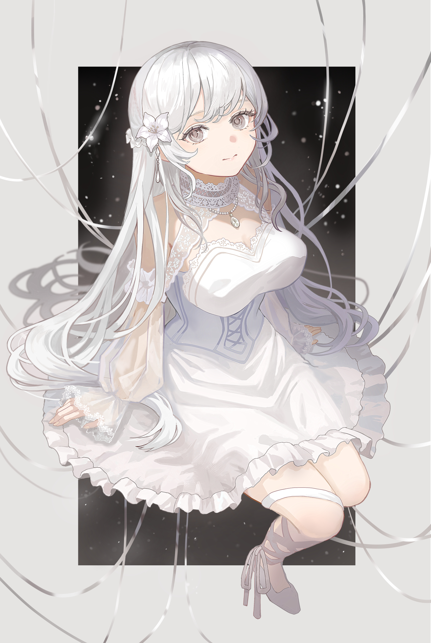 touchika, original, highres, 1girl, bare shoulders, detached sleeves, dress, flower, frilled dress, frilled sleeves, frills, grey eyes, hair flower, hair ornament, high heels, jewelry, looking at viewer, necklace, see-through clothes, solo, white dress, white hair