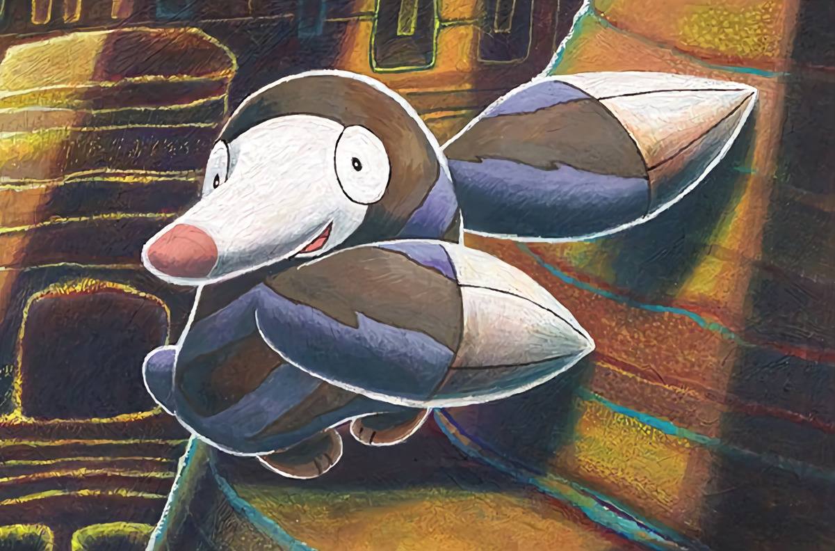 komiya tomokazu, drilbur, nintendo, pokemon, pokemon tcg, commentary, official art, third-party source, full body, gen 5 pokemon, no humans, open mouth, pokemon (creature), pokemon focus, smile, solo