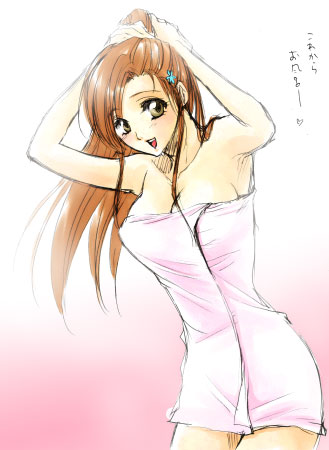 inoue orihime, bleach, lowres, 00s, 1girl, adjusting hair, blush, bottomless, breasts, brown eyes, cleavage, collarbone, female focus, gradient background, long hair, naked towel, open mouth, orange hair, solo, towel