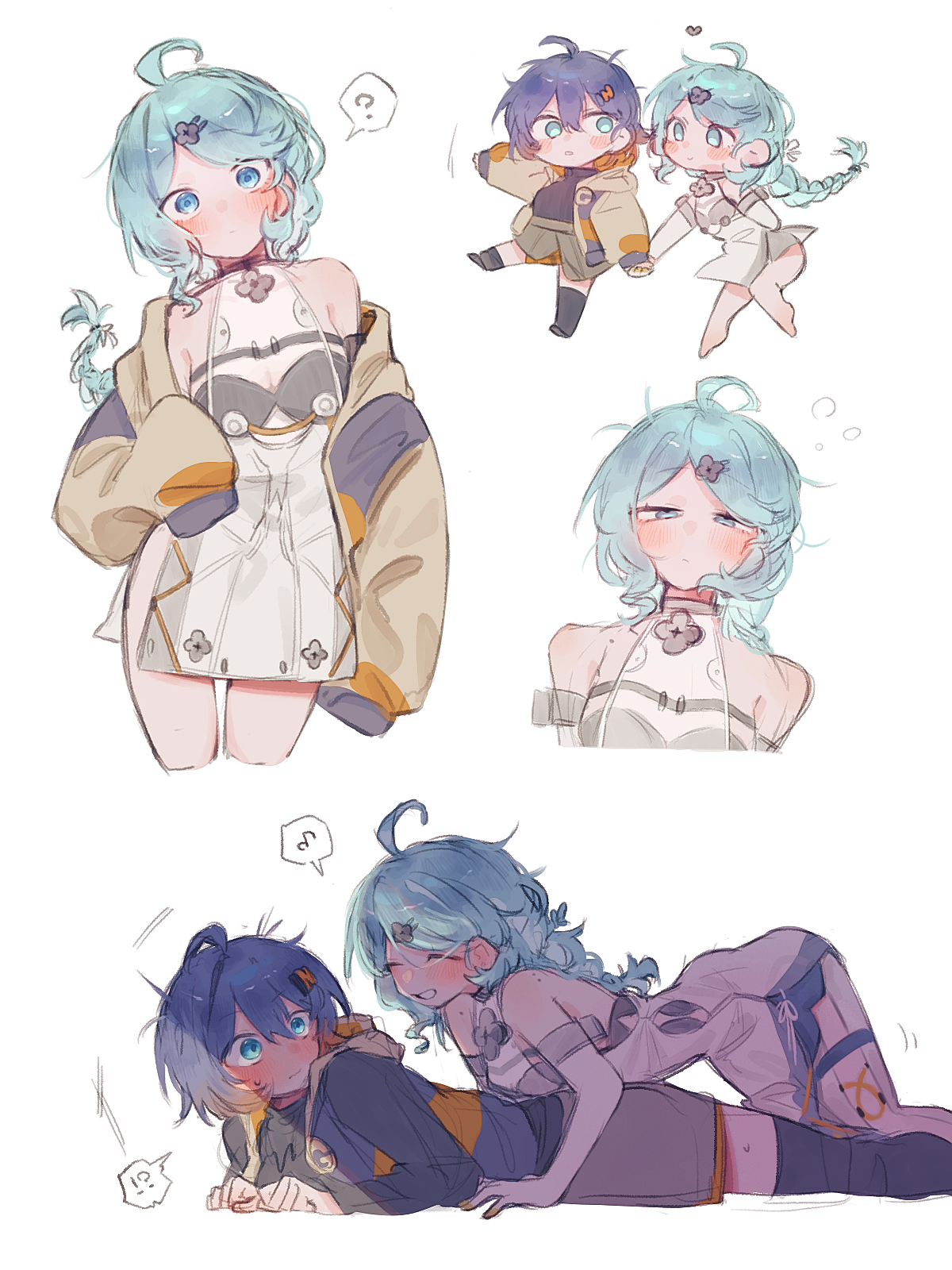 siiaka023, belle (zenless zone zero), seed (zenless zone zero), zenless zone zero, commentary request, highres, !, !?, 2girls, ?, bare shoulders, barefoot, black shirt, blue eyes, blue hair, blush, closed eyes, closed mouth, clothing cutout, collar, detached sleeves, flower hairpin, formal clothes, girl on top, gloves, grey jacket, hair between eyes, hair ornament, hairpin, head tilt, heart, holding hands, jacket, jacket partially removed, jewelry, letter hair ornament, looking at another, looking at viewer, lying, messy hair, mole, mole on shoulder, multiple girls, musical note, necklace, off shoulder, on stomach, ponytail, see-through dress layer, shirt, side cutout, smile, spoken exclamation mark, spoken musical note, spoken question mark, standing, standing on one leg, suit, sweat, teeth, thigh cutout, white background, white gloves, white suit, yuri