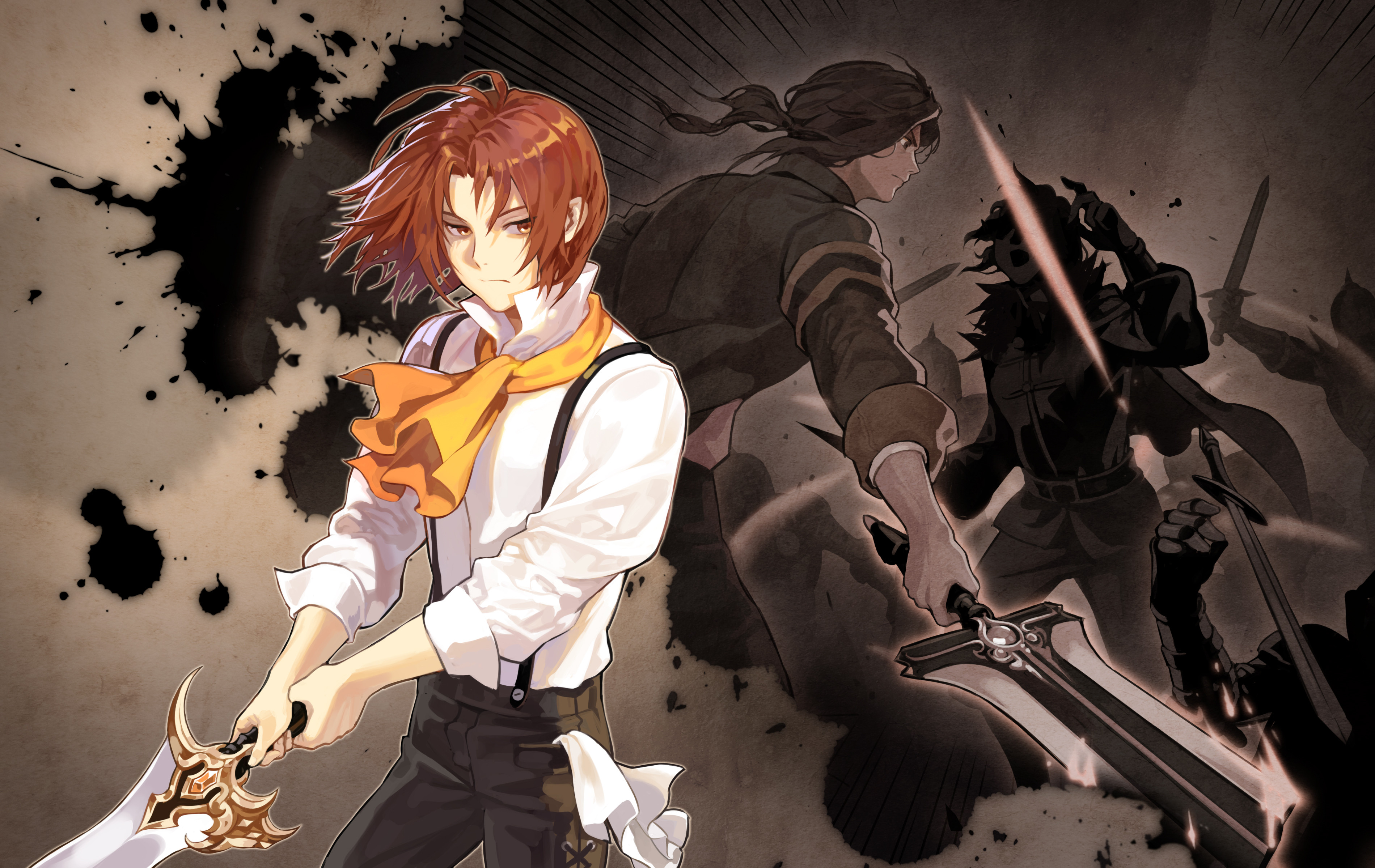 sang ah yoon, maximin liebkne, nexon, tales weaver, absurdres, commentary, english commentary, highres, official art, 2boys, antenna hair, ascot, attack trail, black pants, black suspenders, blood, blood splatter, brown background, brown eyes, brown hair, closed mouth, cowboy shot, cross-laced pants, dress shirt, dual persona, high collar, holding, holding sword, holding weapon, impasto, jacket, knight, medium hair, motion lines, multiple boys, nose, orange ascot, pants, ponytail, popped collar, profile, shirt, sleeves rolled up, speed lines, suspenders, sword, three-quarter sleeves, tsurime, weapon, white shirt, white sleeves