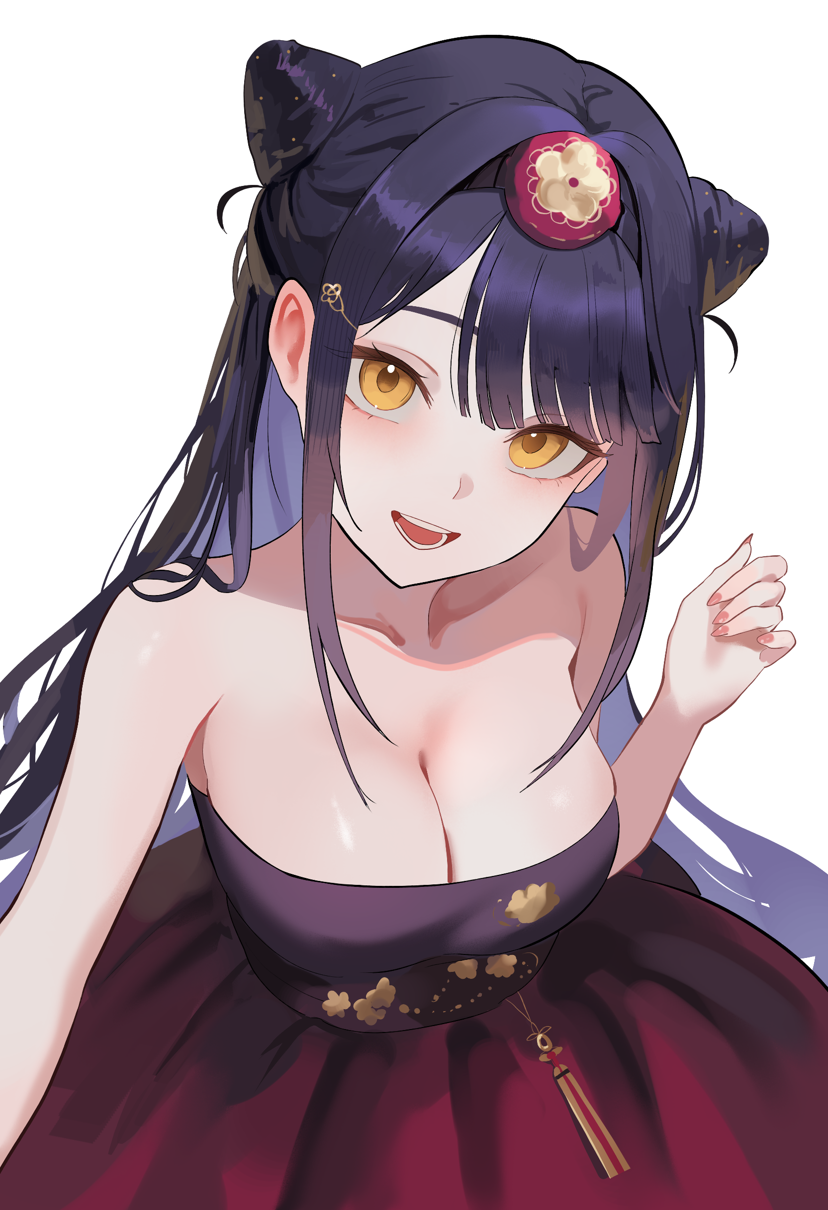 nbee ya, gangzi (vtuber), stellive, absurdres, commentary request, highres, korean commentary, 1girl, bare shoulders, blue hair, blunt bangs, breasts, cleavage, collarbone, colored inner hair, double bun, dress, from above, gradient clothes, gradient dress, hair bun, hair ornament, hanbok, hand up, head tilt, korean clothes, large breasts, long hair, looking at viewer, multicolored hair, nail polish, open mouth, outstretched arm, pink nails, red dress, sidelocks, simple background, sleeveless, sleeveless dress, smile, solo, teeth, very long hair, virtual youtuber, white background, yellow eyes