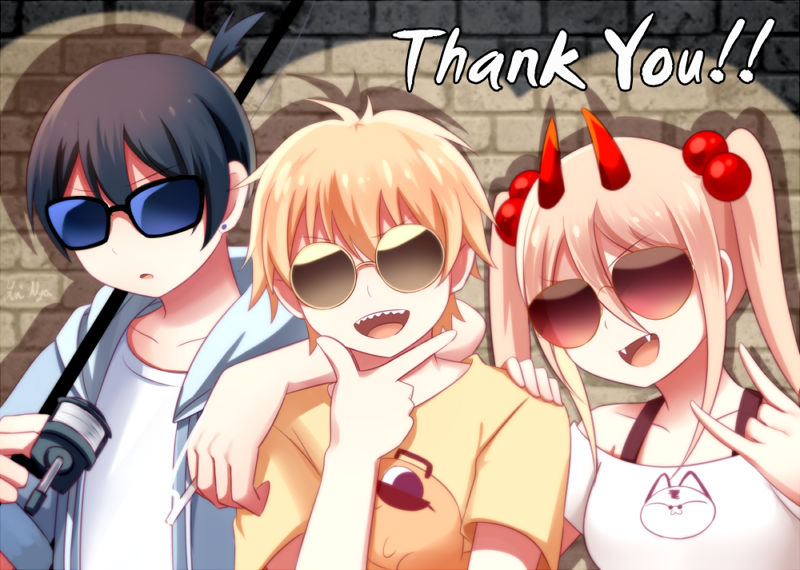 yuinya (chicken5536), denji (chainsaw man), hayakawa aki, pochita (chainsaw man), power (chainsaw man), chainsaw man, commentary request, 1girl, 2boys, animal print, arm rest, beads, black hair, blonde hair, brick wall, cat print, character print, demon horns, fangs, fishing rod, grey jacket, hair beads, hair ornament, holding, holding fishing rod, hood, hooded jacket, horns, jacket, multiple boys, print shirt, sharp teeth, shirt, smile, sunglasses, teeth, topknot, twintails, upper body, white shirt, yellow shirt