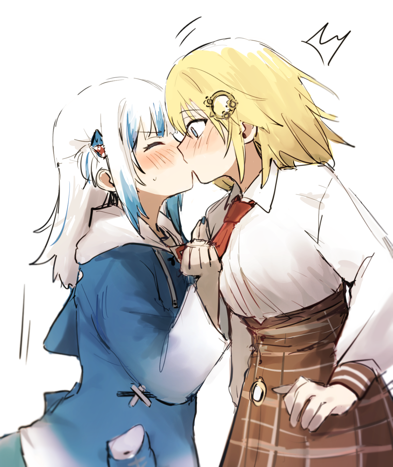 shew (shew03), gawr gura, gawr gura (1st costume), watson amelia, watson amelia (1st costume), hololive, hololive english, highres, 2girls, animal hood, blonde hair, blue eyes, blue hair, blue nails, blush, closed eyes, clothes grab, fins, fish tail, grey hair, hair ornament, hood, hood down, kiss, looking at another, medium hair, multicolored hair, multiple girls, nail polish, necktie, necktie grab, neckwear grab, shark hair ornament, shark hood, shark tail, short hair, simple background, streaked hair, sweatdrop, tail, virtual youtuber, white background, yuri