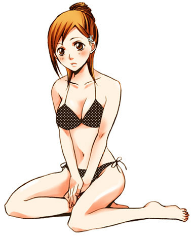 inoue orihime, bleach, lowres, 00s, 1girl, bikini, blush, breasts, brown eyes, cleavage, collarbone, female focus, full body, hair bun, navel, orange hair, panties, ponytail, side-tie bikini bottom, side-tie panties, simple background, single hair bun, sitting, solo, swimsuit, underwear
