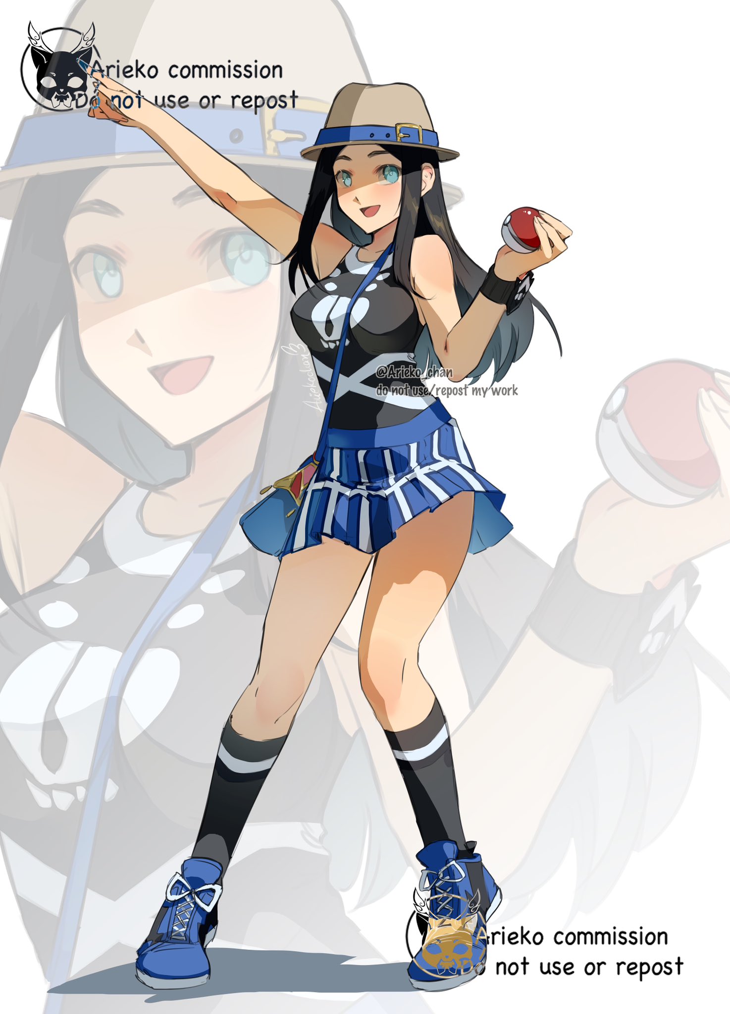 ariekochan, nintendo, original, pokemon, highres, 1girl, bag, black hair, black socks, black tank top, blue eyes, blue skirt, blush, breasts, hat, holding, holding poke ball, long hair, medium breasts, open mouth, poke ball, poke ball (basic), shirt, shoes, shoulder bag, skirt, sleeveless, sleeveless shirt, smile, socks, tank top, zoom layer