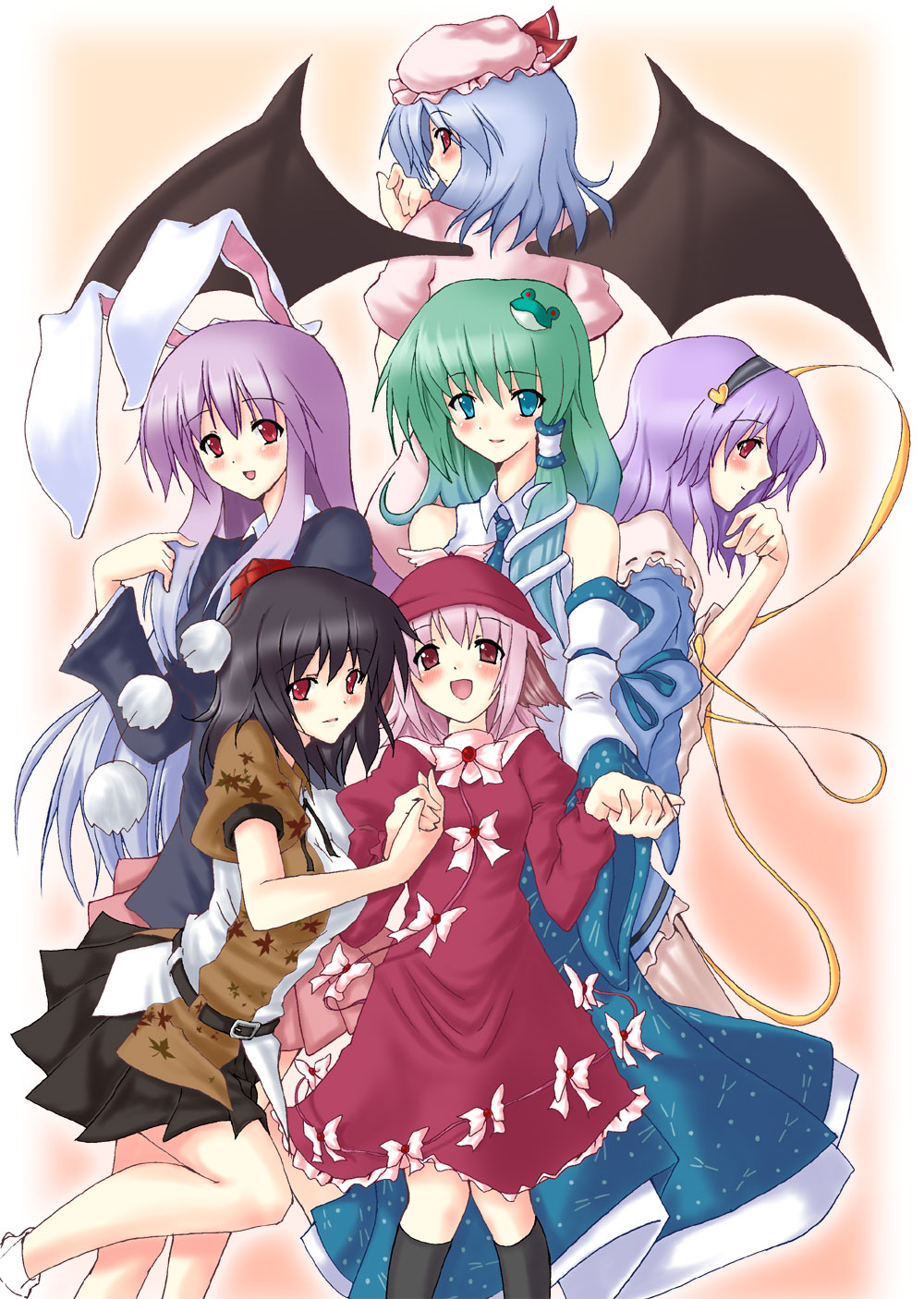 piromizu, kochiya sanae, komeiji satori, mystia lorelei, reisen udongein inaba, remilia scarlet, shameimaru aya, touhou, light purple hair, highres, 6+girls, animal ears, black hair, blue eyes, blue hair, blush, female focus, frog, green hair, hair ornament, hairband, holding hands, long hair, multiple girls, pink hair, purple hair, rabbit ears, red eyes, short hair, snake, wings