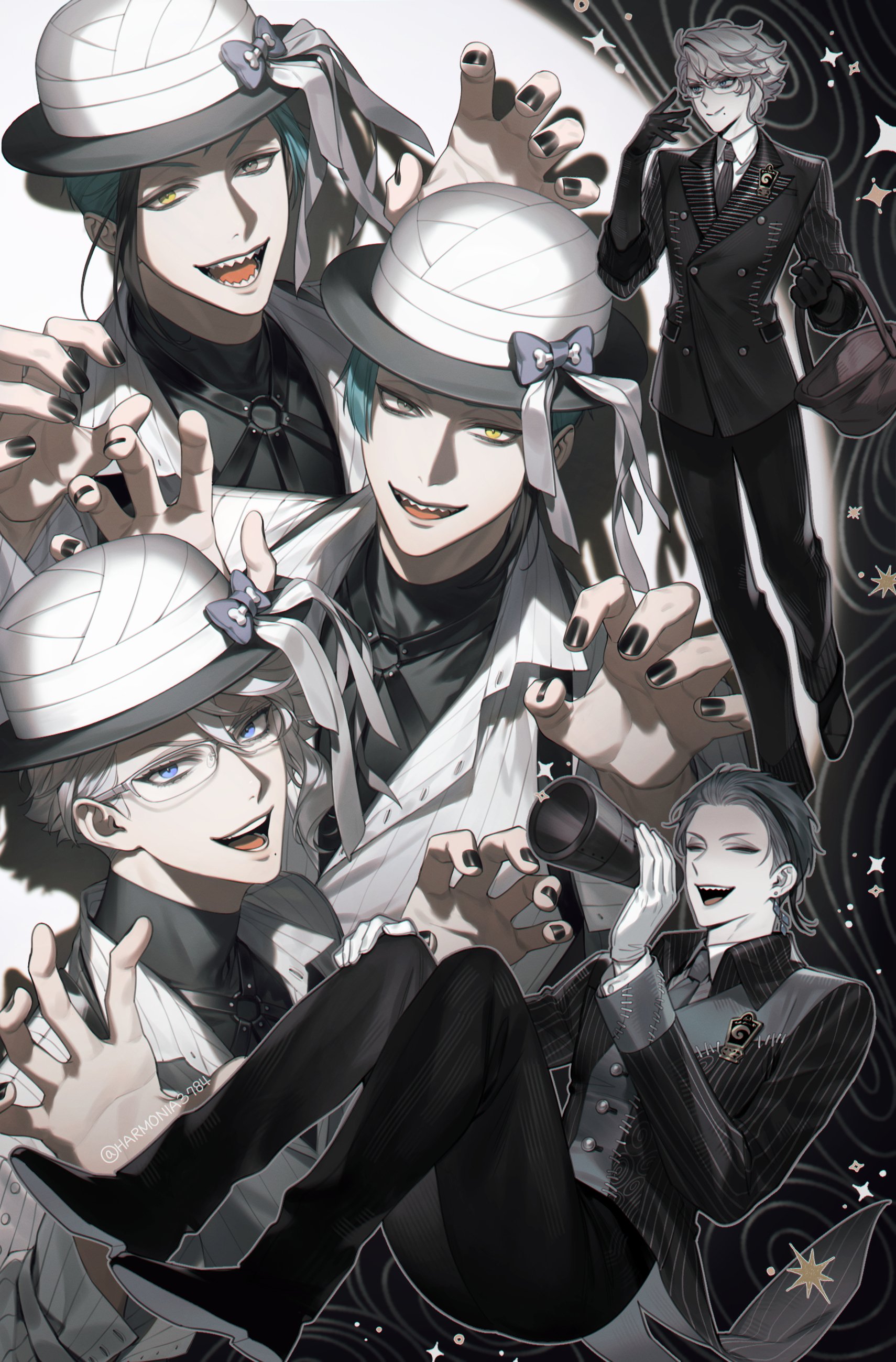 amandasu, azul ashengrotto, floyd leech, jade leech, twisted wonderland, absurdres, commentary request, highres, korean commentary, 3boys, black nails, blue eyes, blue hair, brothers, full body, glasses, gloves, hat, heterochromia, looking at viewer, male focus, multicolored hair, multiple boys, multiple views, sharp teeth, short hair, siblings, streaked hair, teeth, twins, white gloves, white hair, yellow eyes