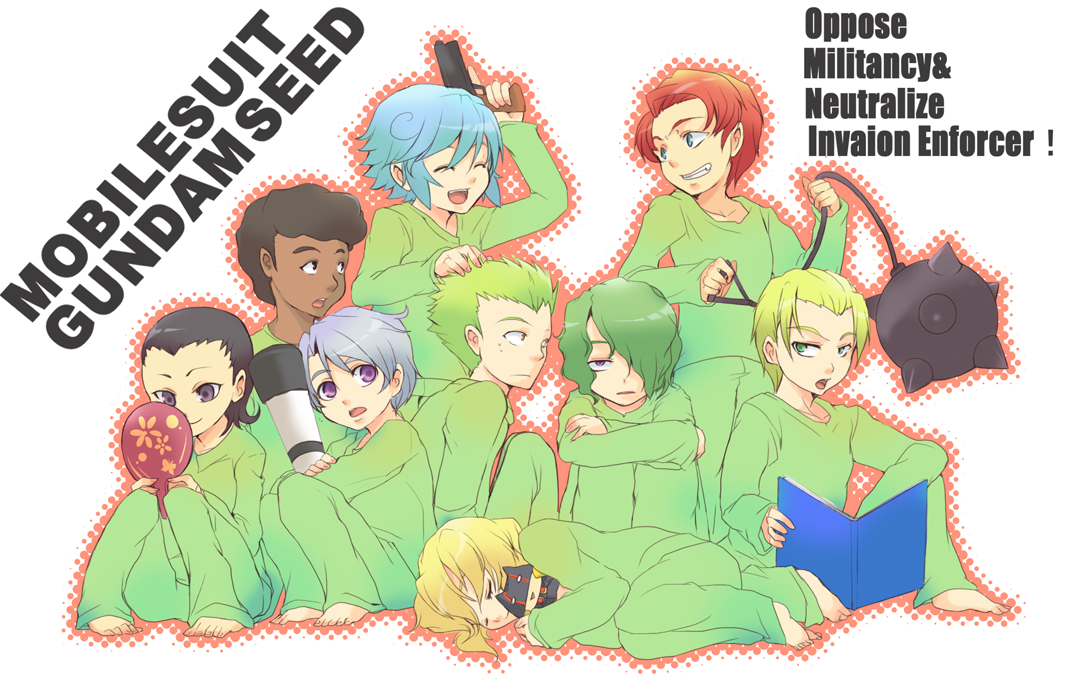 mechi, auel neider, clotho buer, mu la flaga, mudie holcroft, orga sabnak, shams couza, shani andras, stellar loussier, sting oakley, sven cal bayan, gundam, gundam seed, gundam seed c.e. 73: stargazer, gundam seed destiny, silver hair, 00s, 2girls, 6+boys, aged down, ball and chain (weapon), barefoot, black hair, blonde hair, blue eyes, blue hair, book, brown eyes, brown hair, closed eyes, dark skin, doll, feet, flail, green eyes, green hair, gun, hair over one eye, handgun, mirror, morning star, multiple boys, multiple girls, pistol, purple eyes, red hair, short hair, spiked ball and chain, telescope, toes, weapon