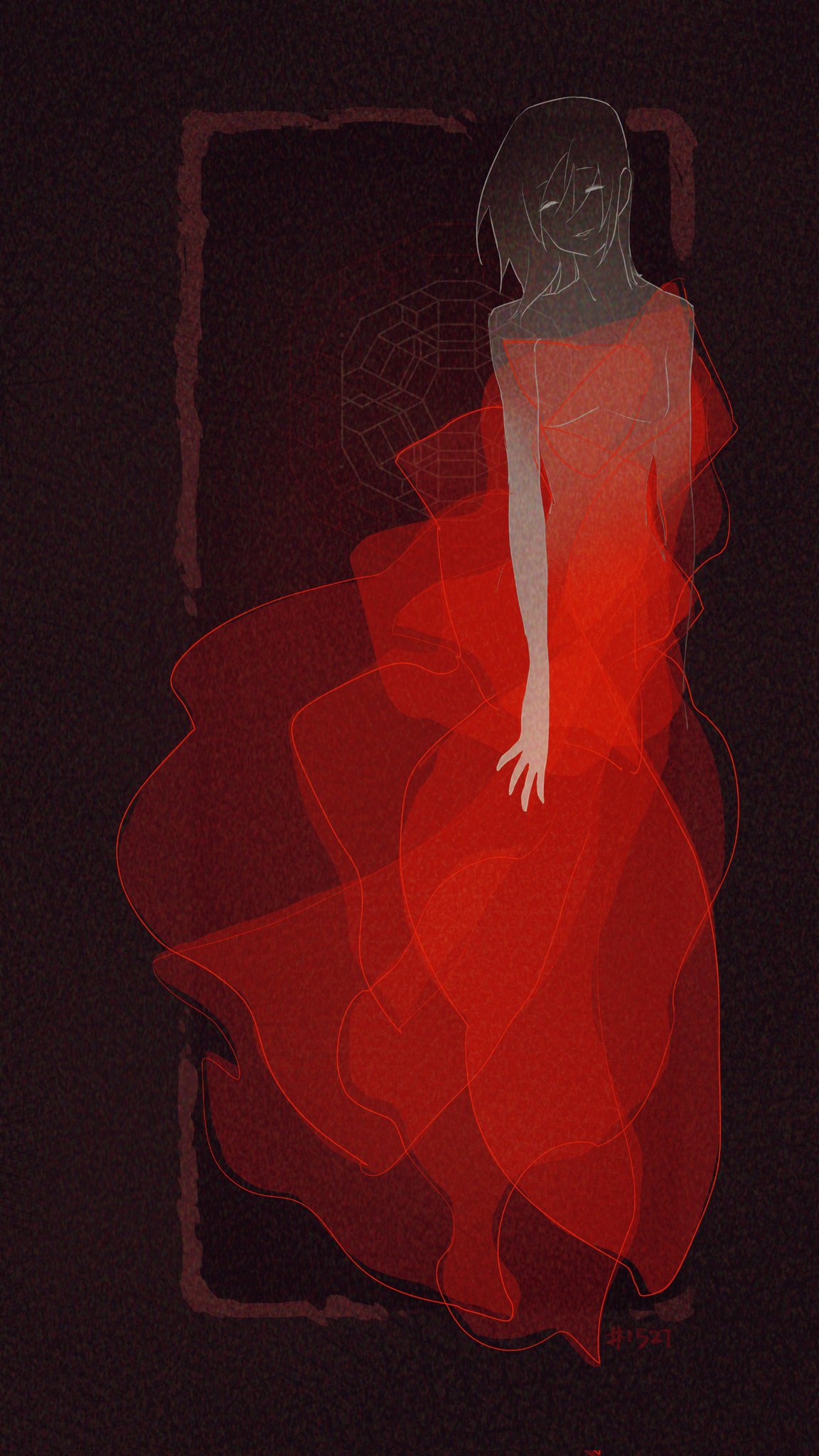 ariane yeong, signalis, highres, 1girl, artist name, dark, dress, film grain, light smile, red dress, robot girl, smile, solo, spadnya