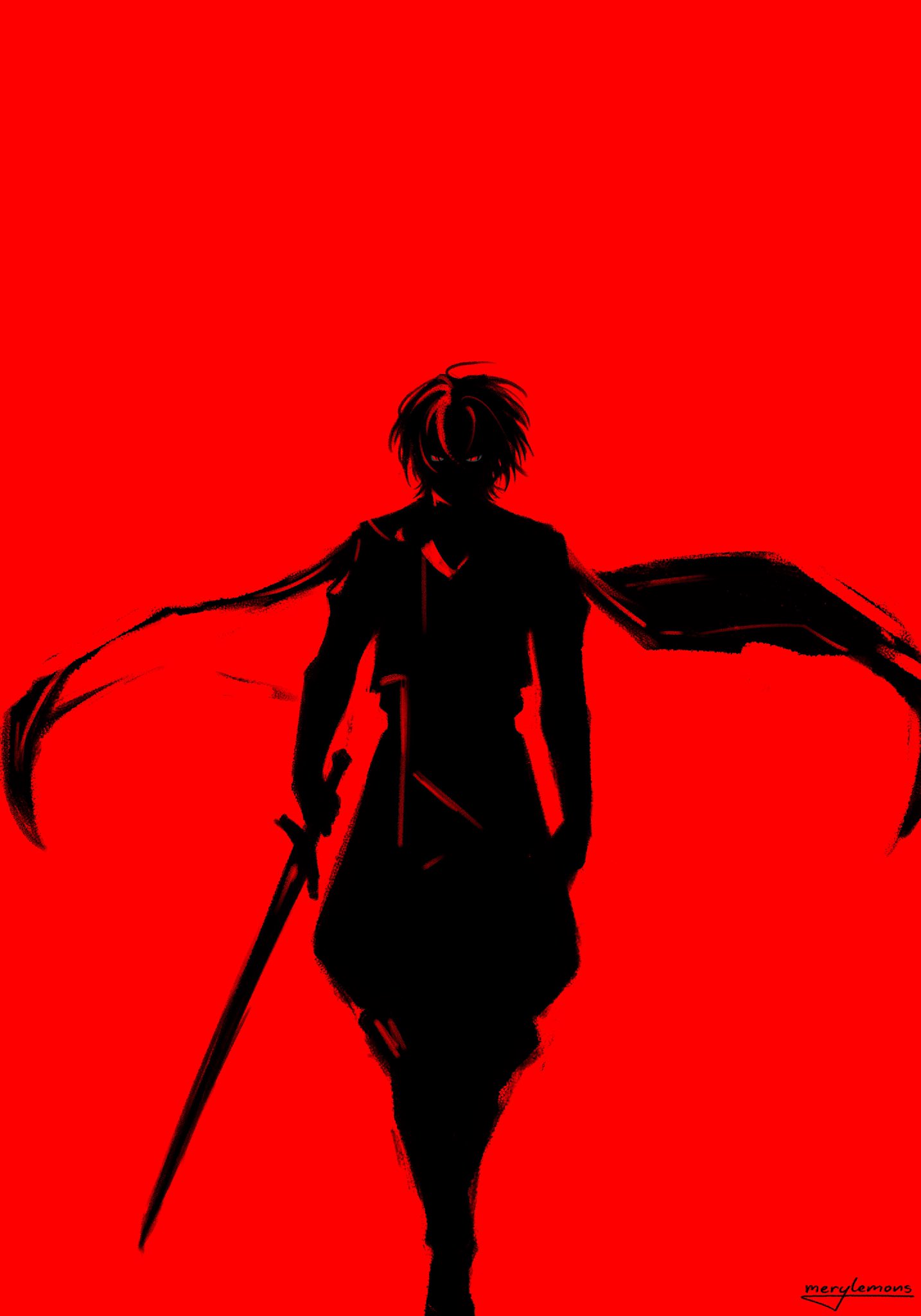 merylemons, male alear (fire emblem), fire emblem, fire emblem engage, nintendo, highres, 1boy, cape, floating cape, full body, holding, holding sword, holding weapon, looking at viewer, male focus, red background, solo, sword, twitter username, weapon