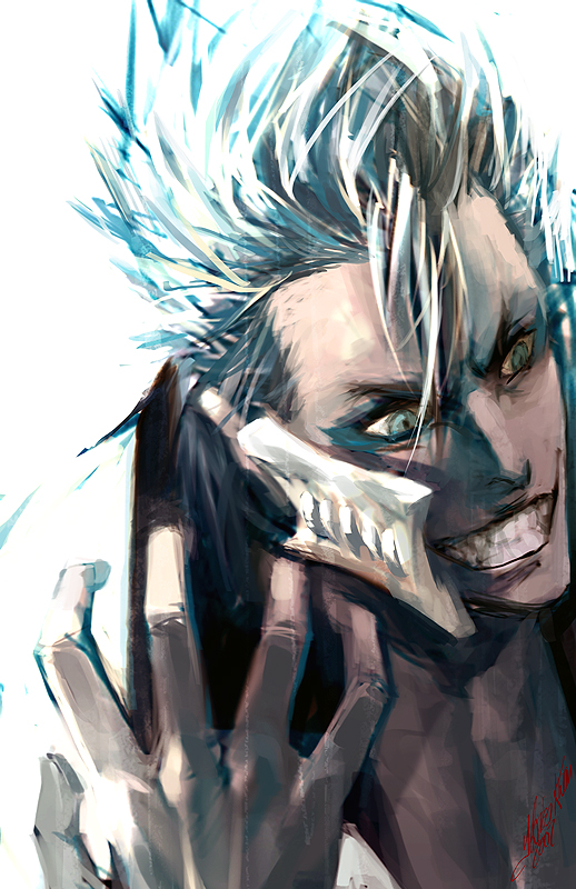 grimmjow jaegerjaquez, bleach, artist request, 00s, 1boy, arrancar, blue hair, evil grin, evil smile, grin, male focus, number tattoo, short hair, skull, smile, solo, tattoo