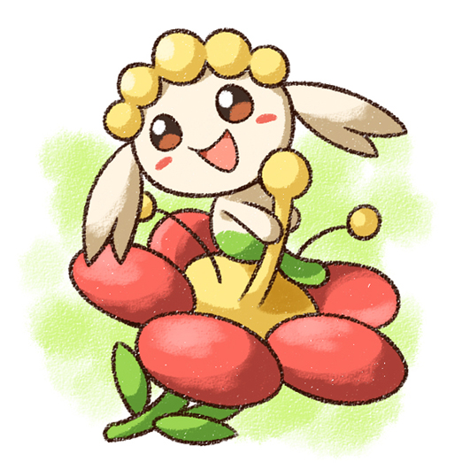tomato mameta, flabebe, flabebe (red flower), nintendo, pokemon, commentary request, blush, blush stickers, flower, full body, gen 6 pokemon, no humans, open mouth, pink flower, pokemon (creature), pokemon focus, smile, solo