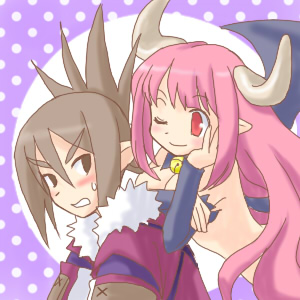 karina, samurai (disgaea), succubus (disgaea), disgaea, makai senki disgaea 2, makai senki disgaea 3, nippon ichi, lowres, 1boy, 1girl, bat wings, bell, black eyes, blush, clenched teeth, collar, demon boy, demon girl, detached collar, detached sleeves, grey hair, head rest, horns, jacket, jingle bell, leaning, long hair, neck bell, one eye closed, pink eyes, pink hair, pointy ears, polka dot, smile, spiked hair, sweat, teeth, very long hair, wings, wink