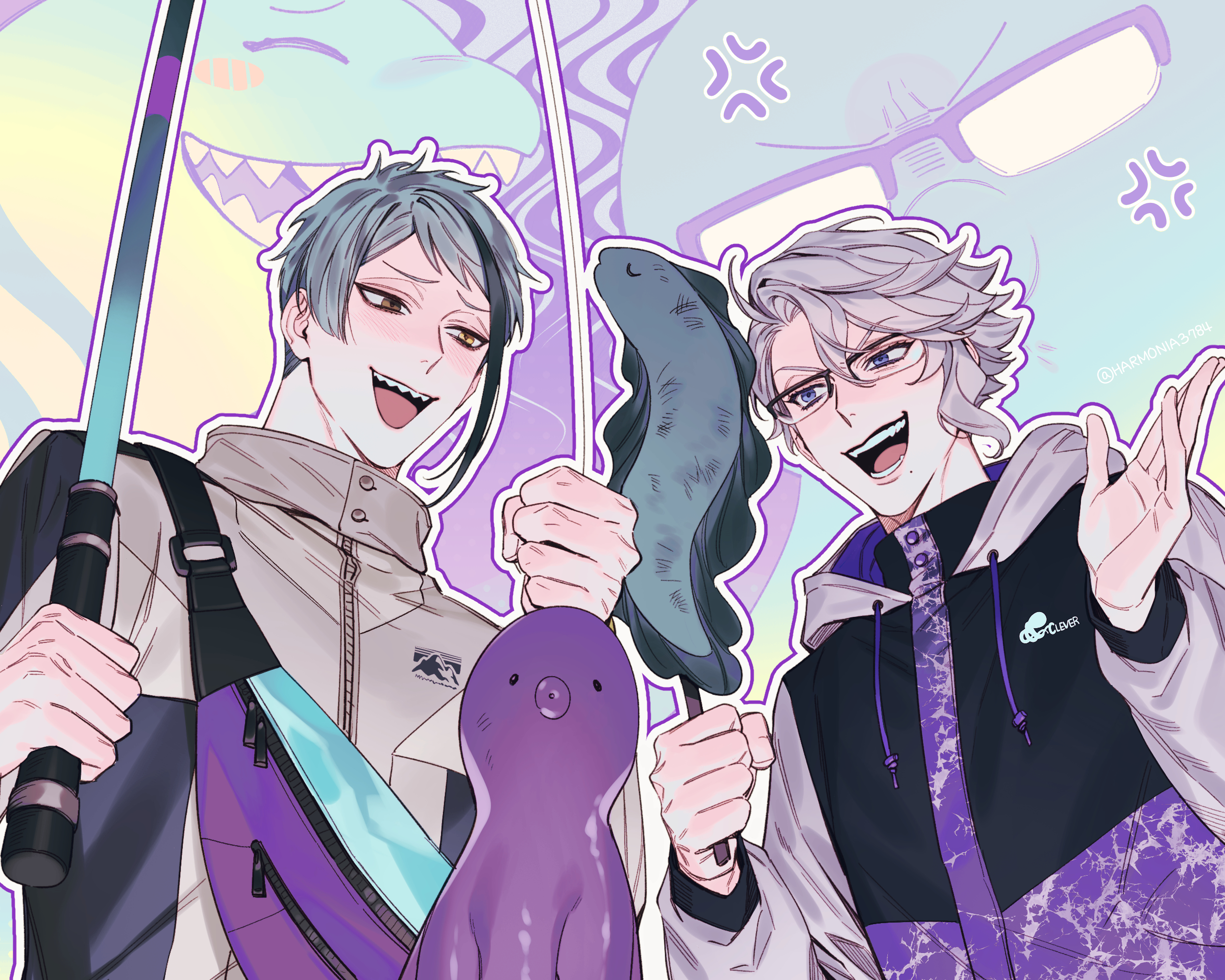 amandasu, jade leech, twisted wonderland, commentary request, highres, korean commentary, 2boys, blue eyes, blue hair, blush, brown eyes, crossbody bag, fishing rod, heterochromia, holding, holding fishing rod, male focus, multicolored hair, multiple boys, open mouth, outline, sharp teeth, short hair, siblings, smile, streaked hair, teeth, twins, upper body, upper teeth only, white hair, white outline, yellow eyes, zipper