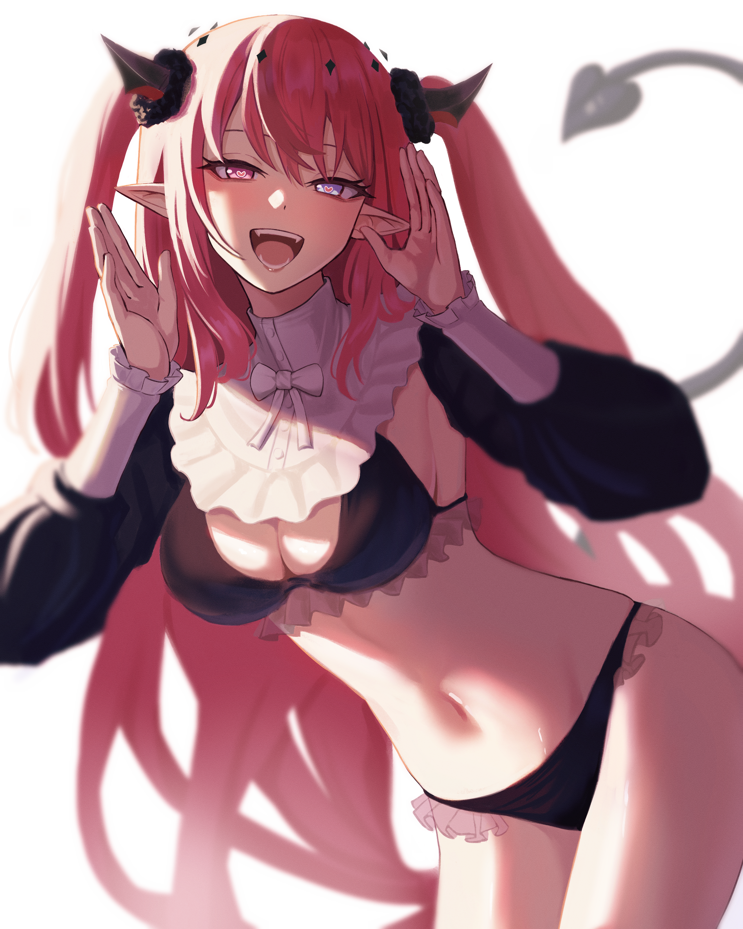 sumosumo, irys (hololive), rizu-kyun, hololive, hololive english, sono bisque doll wa koi wo suru, absurdres, commentary, highres, 1girl, :d, bib collar, black bra, black panties, blue eyes, bra, breasts, cleavage, cosplay, demon girl, demon tail, fangs, frilled bra, frilled panties, frills, hands up, heart, heart-shaped pupils, heterochromia, horns, long hair, long sleeves, looking at viewer, medium breasts, navel, open mouth, panties, pink eyes, pointy ears, puffy sleeves, red hair, rizu-kyun (cosplay), simple background, smile, solo, stomach, symbol-shaped pupils, tail, two side up, underwear, very long hair, virtual youtuber, white background