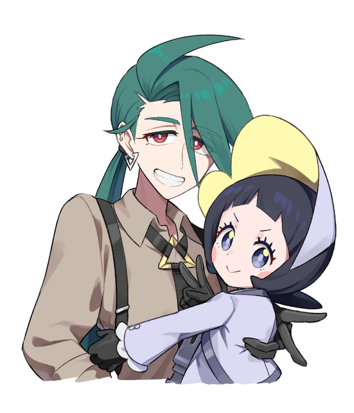 botamochi (exwelder), poppy (pokemon), rika (pokemon), nintendo, pokemon, pokemon sv, highres, 2girls, :>, androgynous, black gloves, black hair, black necktie, blush stickers, bright pupils, brown shirt, closed mouth, collared shirt, dress, earrings, gloves, green hair, grey bonnet, grey dress, grey eyes, grey pupils, grin, jewelry, long hair, long sleeves, looking at viewer, multiple girls, necktie, ponytail, red eyes, reverse trap, shirt, short hair, simple background, smile, suspenders, triangle earrings, upper body, v, white background, white pupils