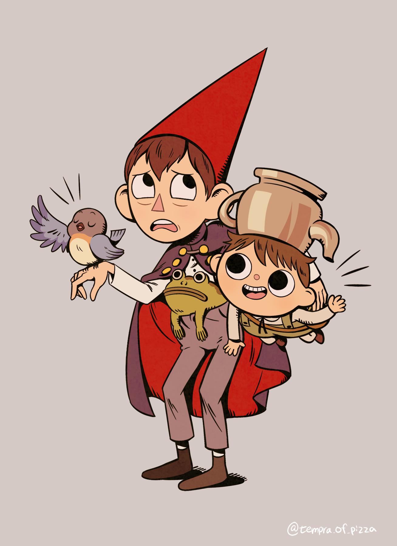 tempizza, beatrice (over the garden wall), gregory (over the garden wall), wirt (over the garden wall), over the garden wall, highres, 2boys, animal, bag, bird, bluebird, brothers, brown hair, cape, carrying, carrying person, carrying under arm, conical hat, dot nose, frog, frown, gnome hat, green overalls, grey background, grey pants, grey shoes, half-siblings, hat, multiple boys, open mouth, overalls, pants, shirt, shoes, siblings, simple background, solid circle pupils, standing, staring, talking, teapot, triangle nose, watermark, white shirt, wince