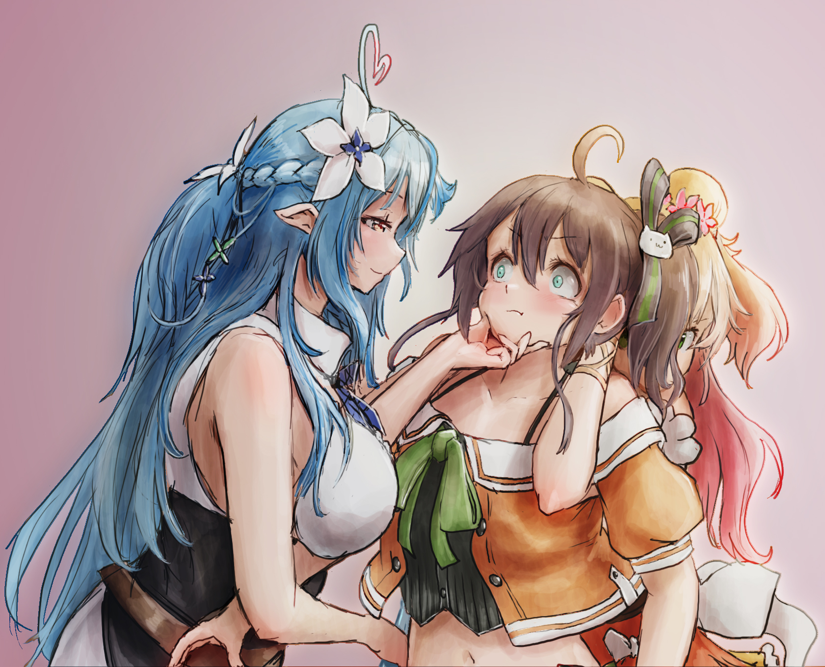 nymph rhythm, momosuzu nene, momosuzu nene (1st costume), natsuiro matsuri, natsuiro matsuri (1st costume), yukihana lamy, yukihana lamy (1st costume), hololive, highres, 3girls, ahoge, aqua eyes, arms around neck, bare shoulders, belt, black bra, black corset, black ribbon, blonde hair, blue bow, blue bowtie, blue eyes, blue hair, blush, bow, bowtie, bra, braid, breasts, brown belt, brown hair, camisole, cat hair ornament, center frills, closed mouth, clothing cutout, collarbone, colored tips, constricted pupils, corset, crop top, crop top overhang, crown braid, elf, eye contact, flower, frilled skirt, frills, furrowed brow, grabbing from behind, gradient background, gradient hair, green eyes, groping, hair between eyes, hair bun, hair flower, hair ornament, hair ribbon, heart, heart ahoge, jacket, large breasts, leather belt, long hair, looking at another, midriff, molestation, multicolored hair, multiple girls, navel, off-shoulder jacket, off shoulder, orange jacket, pink background, pink hair, plaid bow, plaid bowtie, plaid clothes, pointy ears, puffy cheeks, ribbon, shirt, side ponytail, side up bun, simple background, skirt, sleeveless, sleeveless shirt, small breasts, smile, stomach, two side up, underwear, virtual youtuber, white background, white shirt, white skirt, yellow camisole, yellow eyes