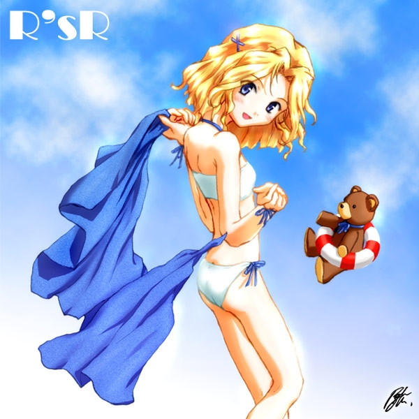 iris chateaubriand, jean-paul, jean paul, sakura taisen, 00s, 1girl, bikini, blonde hair, blue eyes, blush, cloud, female focus, flat chest, happy, innertube, looking back, outdoors, short hair, side-tie bikini bottom, signature, sky, solo, stuffed animal, stuffed toy, swim ring, swimsuit, teddy bear, white bikini