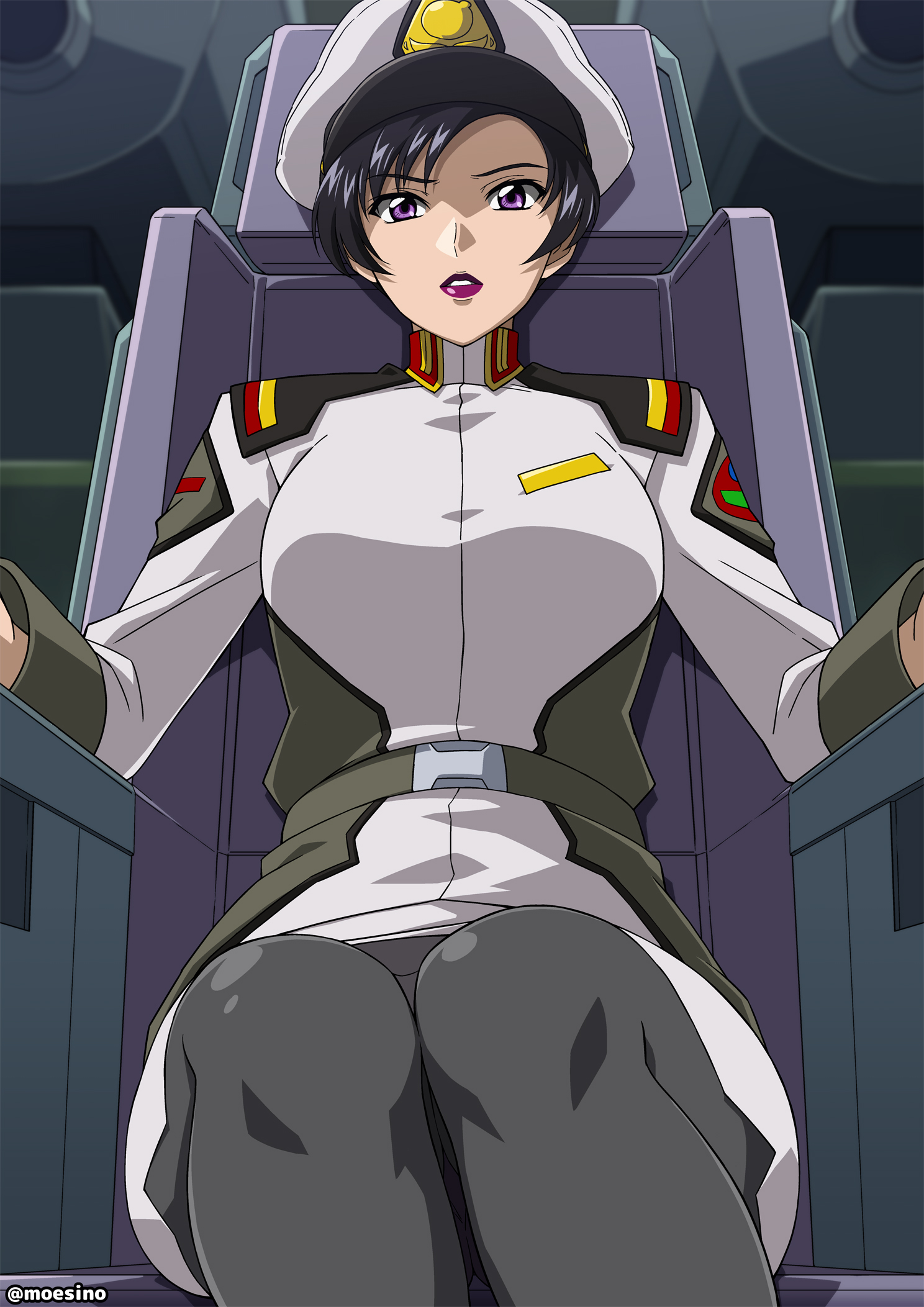 moeshino, natarle badgiruel, gundam, gundam seed, commentary request, commission, highres, skeb commission, 1girl, arm rest, belt, black pants, chair, forehead, hat, indoors, legs, legs together, long sleeves, military hat, military uniform, pants, pantyhose, purple eyes, purple lips, shadow, short hair, skirt, solo, teeth, twitter username, v-shaped eyebrows